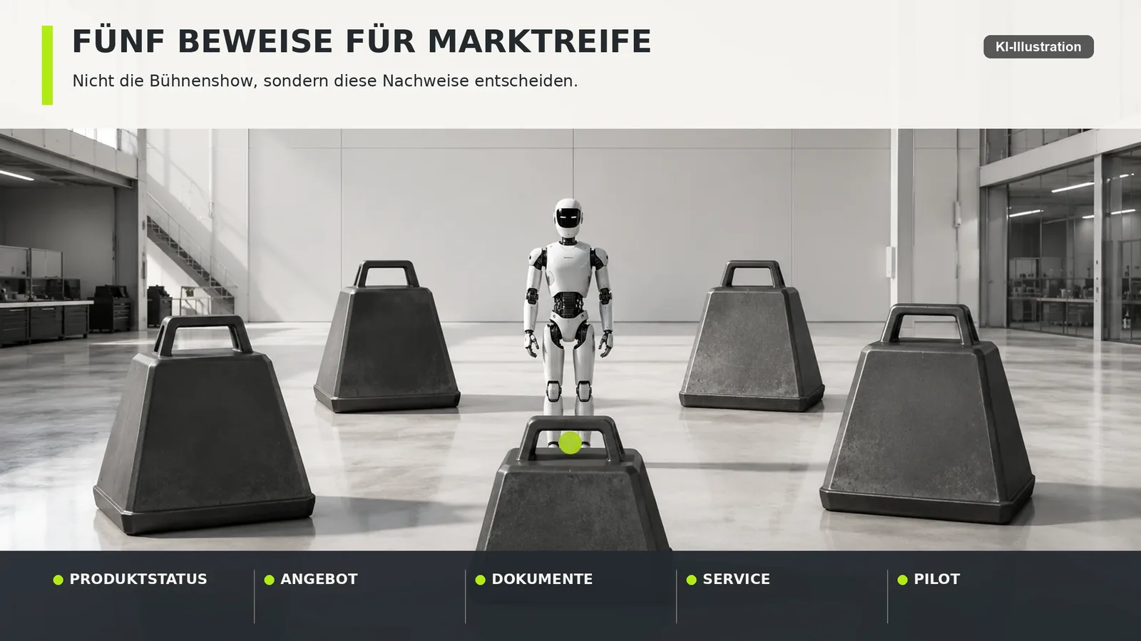 Fünf untereinander angeordnete, beschriftete Felder: Produktstatus, Musterangebot, Dokumentenliste, Rolle der deutschen Organisation, Pilotpartner.