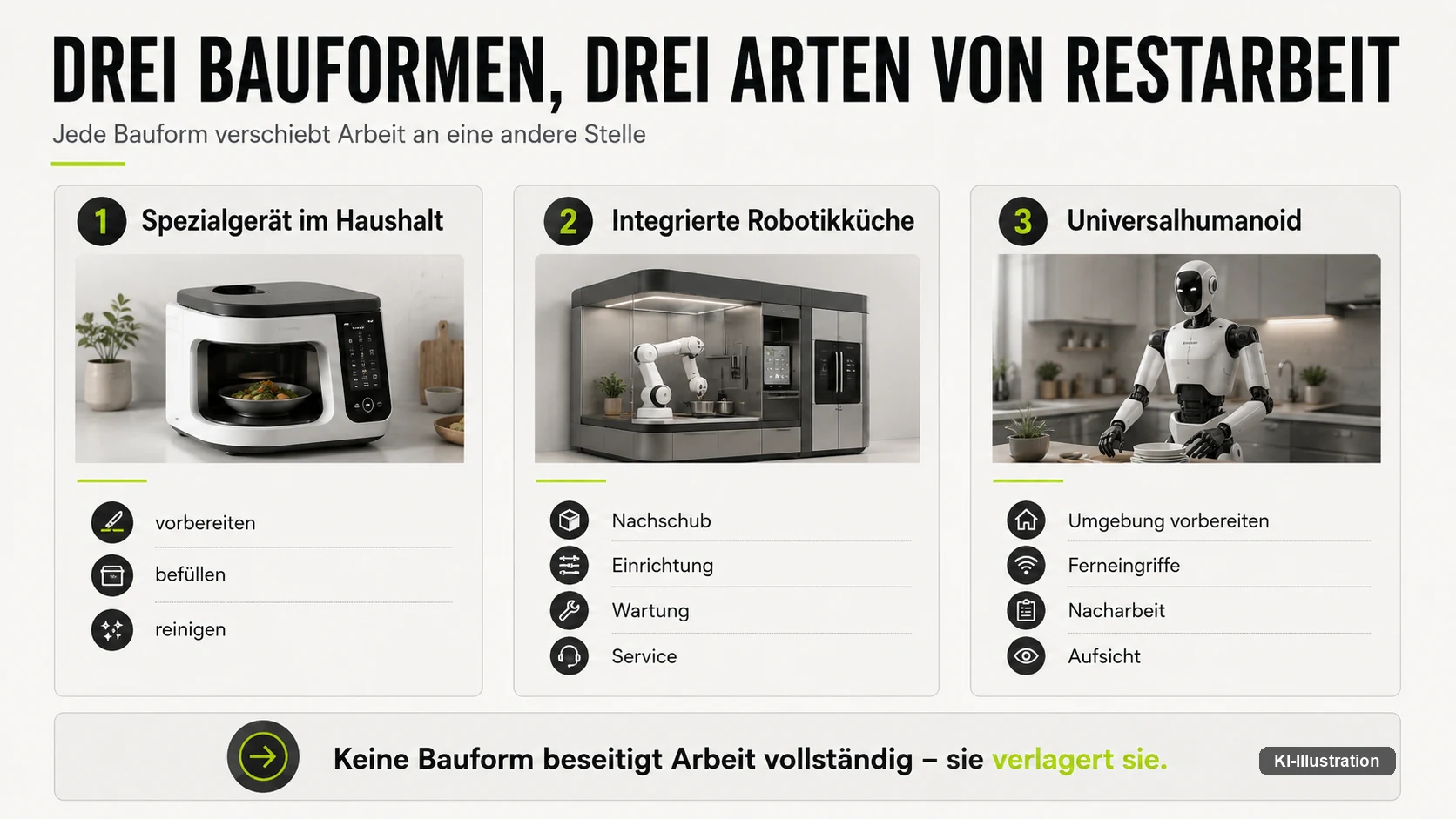 Drei Bauformen und die jeweils verbleibende menschliche Arbeit: Spezialgerät im Haushalt, integrierte Robotikküche und Universalhumanoid.