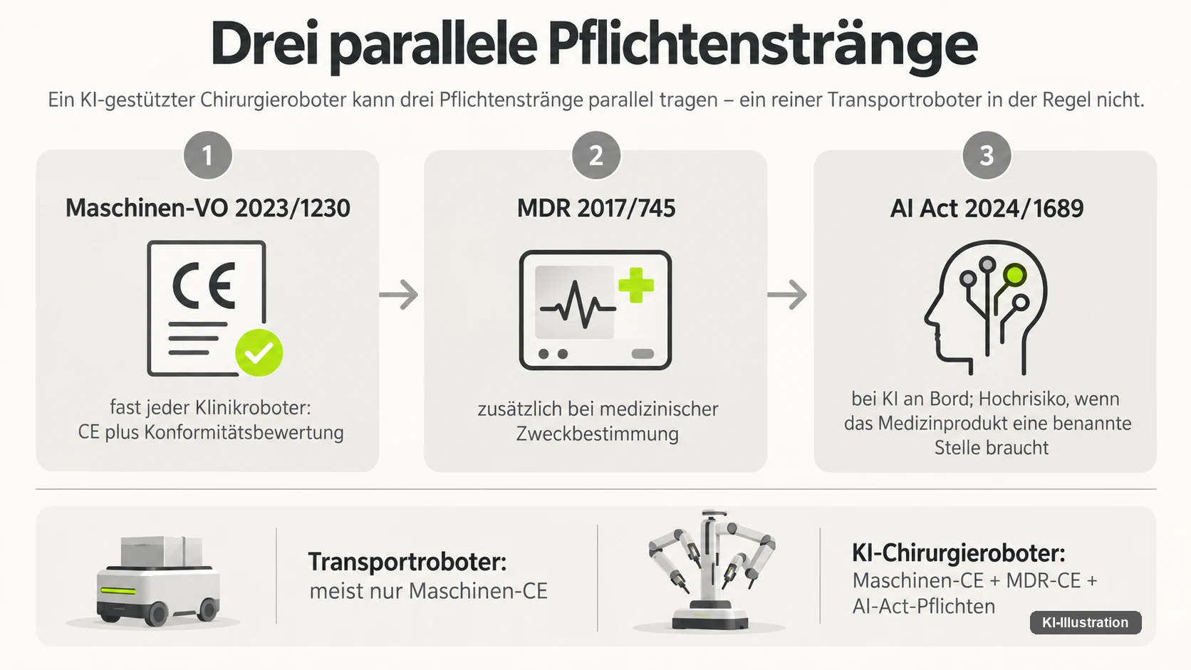 Drei Regelwerke nebeneinander: Maschinenverordnung 2023/1230 für fast jeden Klinikroboter, MDR 2017/745 zusätzlich bei medizinischer Zweckbestimmung, AI Act 2024/1689 bei KI an Bord; darunter der Vergleich von Transportroboter und KI-Chirurgieroboter.