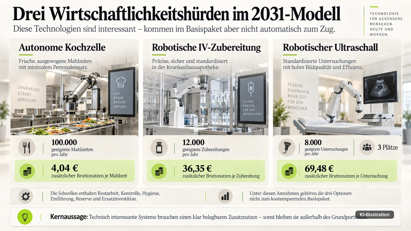 Schaubild mit drei abgelehnten Zusatzoptionen: autonome Kochzelle 4,04 Euro je Mahlzeit, robotische IV-Zubereitung 36,35 Euro je Zubereitung, robotischer Ultraschall 69,48 Euro je Untersuchung.