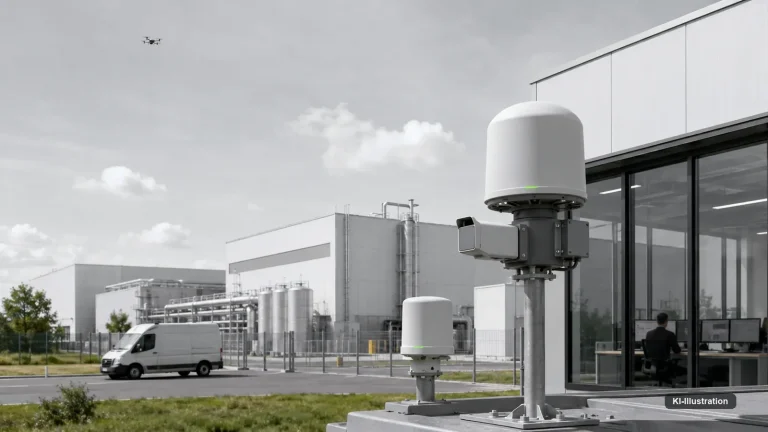 Betriebsgelände mit Zaun, Schranke und Sensormast, im Hintergrund Gebäude und bewaldeter Horizont.