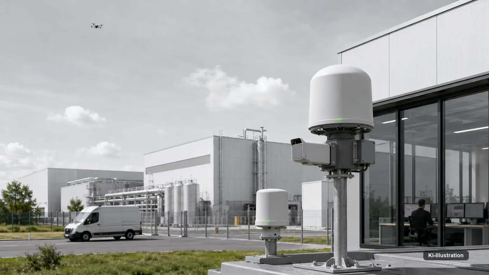 Betriebsgelände mit Zaun, Schranke und Sensormast, im Hintergrund Gebäude und bewaldeter Horizont.