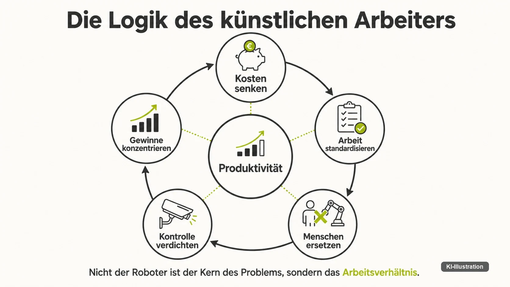 Kreisförmiges Schaubild mit fünf Stationen um den Mittelpunkt Produktivität: Kosten senken, Arbeit standardisieren, Menschen ersetzen, Kontrolle verdichten und Gewinne konzentrieren. Die Grafik zeigt, dass der künstliche Arbeiter zuerst eine ökonomische und erst danach eine technische Figur ist.