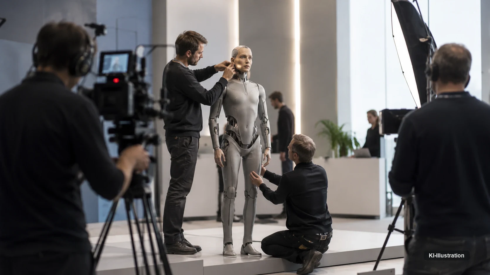 In einem hellen Studio richten mehrere Techniker eine humanoide Figur mit menschlichem Gesicht her, während Kameras und Scheinwerfer auf sie gerichtet sind. Die Szene zeigt die andere Hälfte des Gedankens: Bevor eine künstliche Identität wirkt, wird sie von Menschen gebaut und in Szene gesetzt.