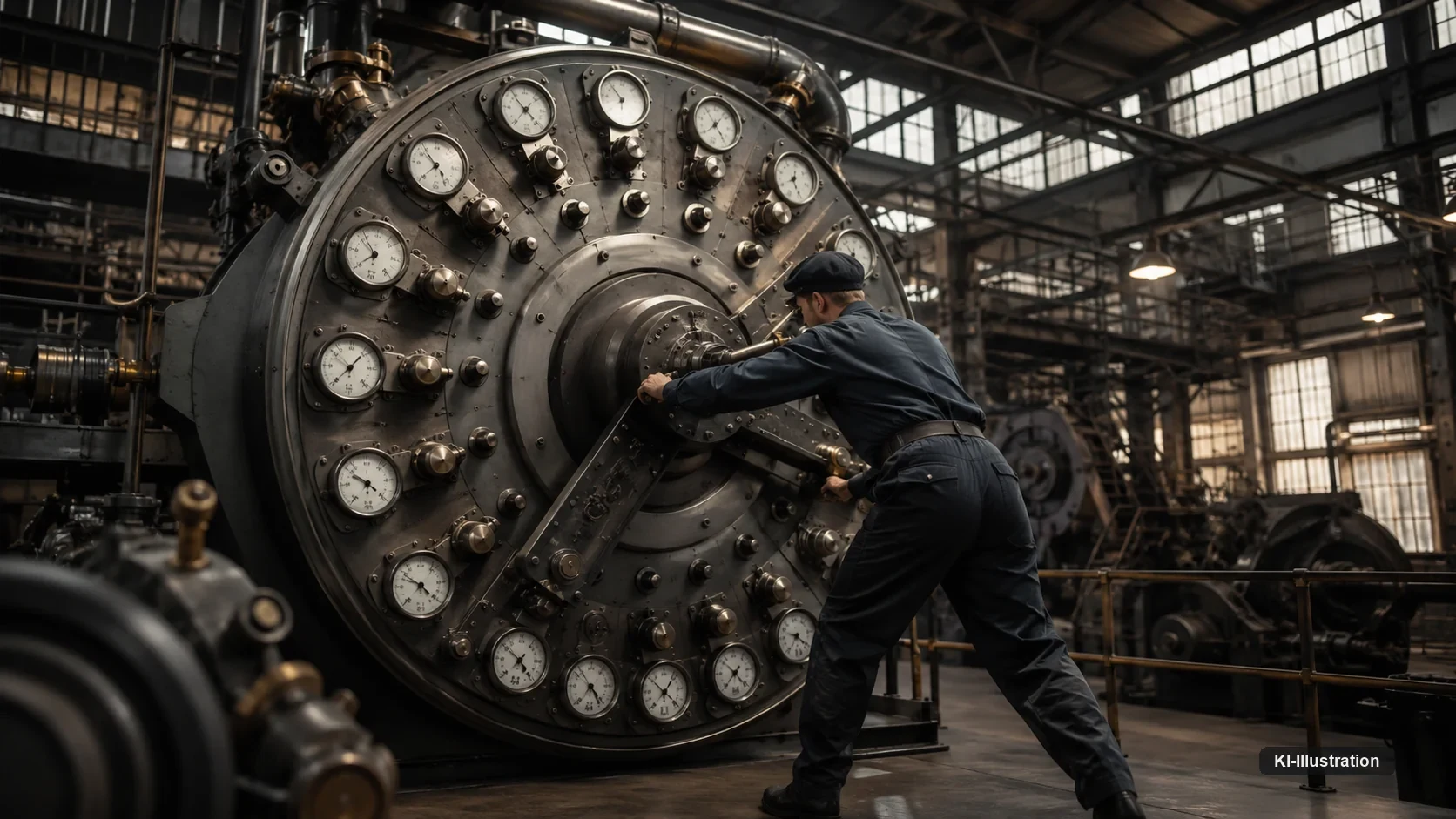 Ein Arbeiter steht vor einer riesigen kreisförmigen Maschine mit Dutzenden Zifferblättern und folgt mit beiden Armen ihrer Bewegung. Das Bild greift die bekannteste Szene aus Metropolis auf: Der Mensch bedient die Maschine nicht souverän, sondern wird zu ihrem beweglichen Teil.