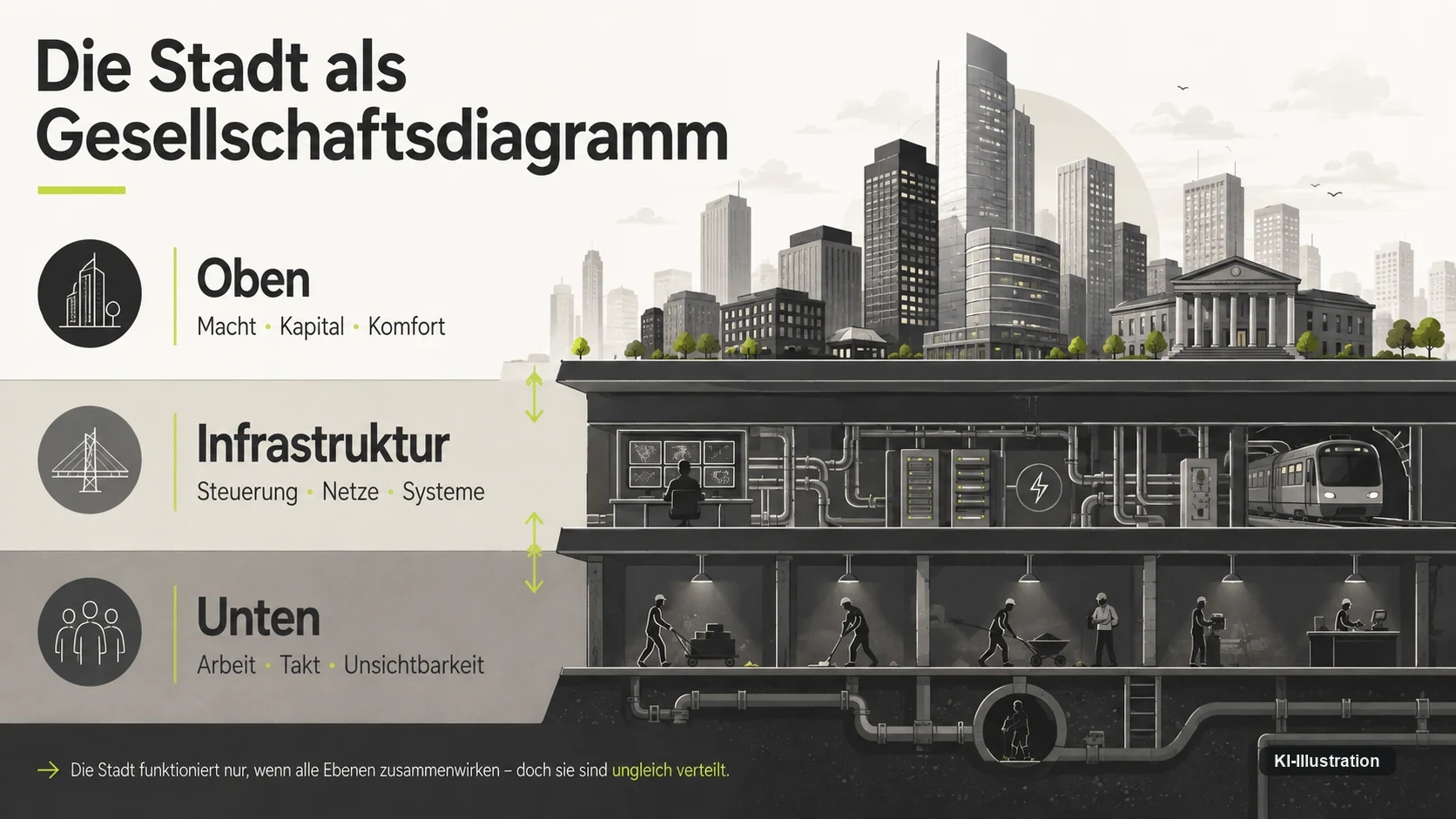 Querschnitt durch eine Stadt in drei Ebenen: oben die Hochhäuser mit Macht, Kapital und Komfort, in der Mitte die Infrastruktur mit Steuerung und Netzen, unten die Arbeitsebene mit Takt und Unsichtbarkeit. Die Grafik übersetzt die Bauweise von Metropolis in ein Ordnungsschema.