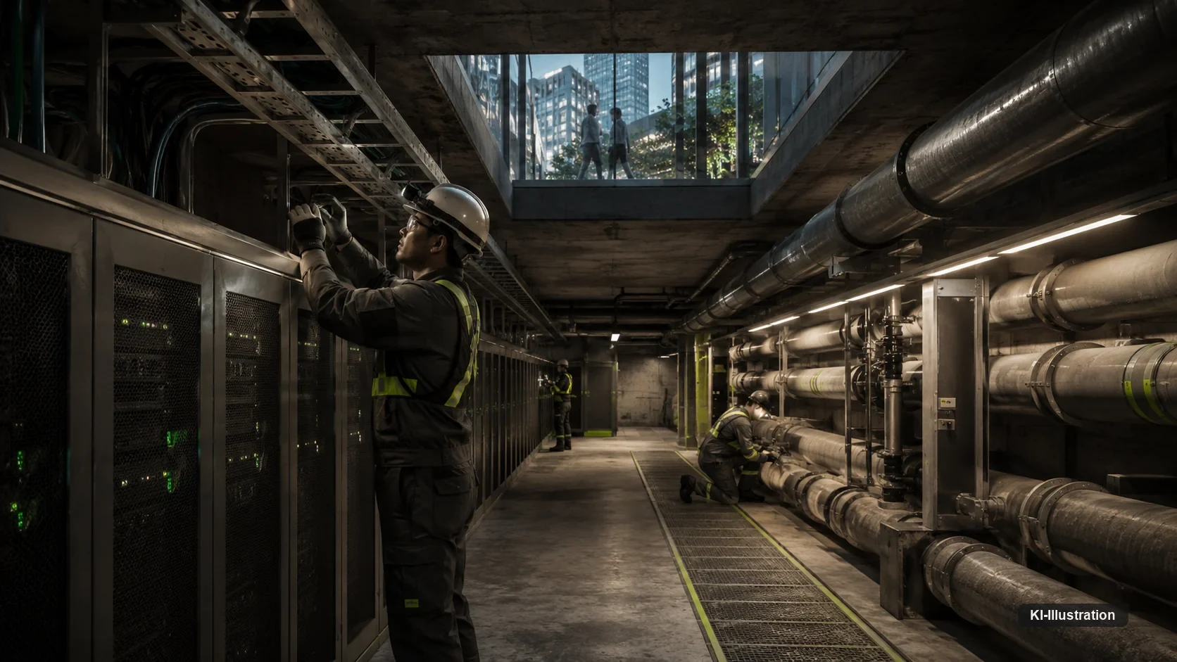 Techniker arbeiten in einem Versorgungstunnel an Servern und Rohrleitungen; durch eine Deckenöffnung sind Passanten auf Straßenniveau zu sehen. Die Szene zeigt die Trennung von sichtbarer Oberfläche und tragender Arbeit, wie sie Metropolis als Architektur entwirft.