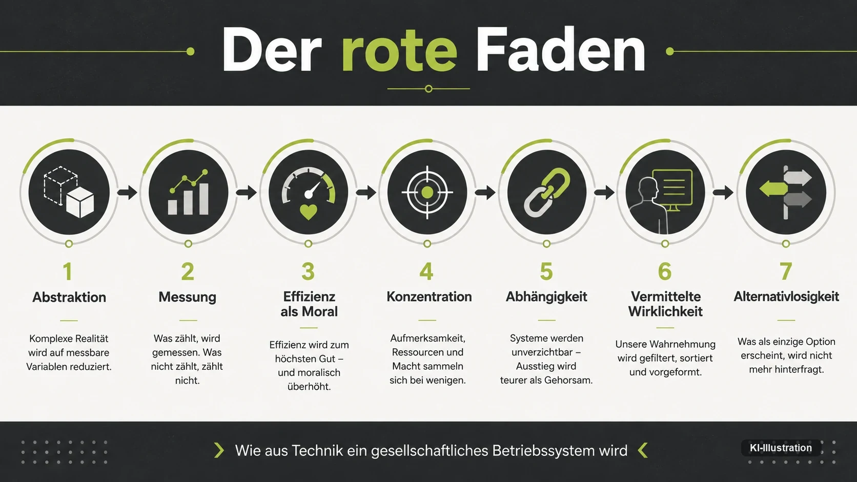 Schaubild mit sieben nummerierten Stationen: Abstraktion, Messung, Effizienz als Moral, Konzentration, Abhängigkeit, vermittelte Wirklichkeit und Alternativlosigkeit, jede mit einem erläuternden Satz. Die Grafik fasst die im Beitrag entwickelte Kette zusammen; sie ist eine redaktionelle Zusammenschau und kein literaturwissenschaftlicher Standard.