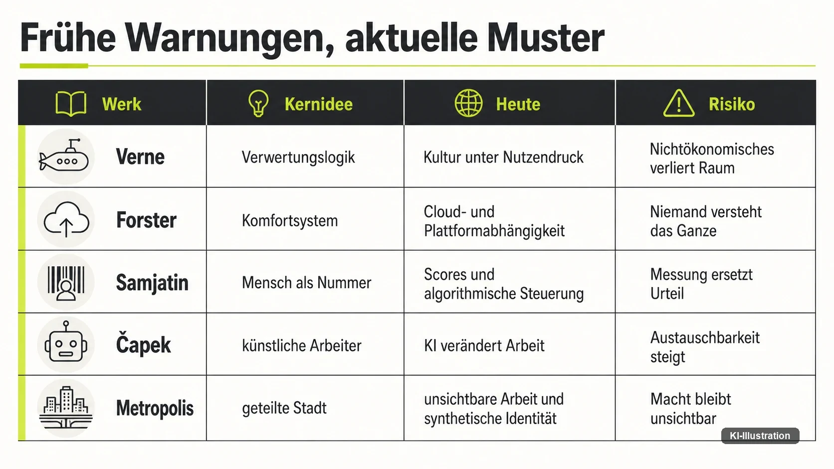 Tabellarisches Schaubild mit fünf Zeilen für Verne, Forster, Samjatin, Čapek und Metropolis, je Zeile die Kernidee des Werks, die heutige Entsprechung und das damit verbundene Risiko. Die Zuordnung ist eine redaktionelle Einordnung dieser Redaktion und keine literaturwissenschaftliche Systematik.