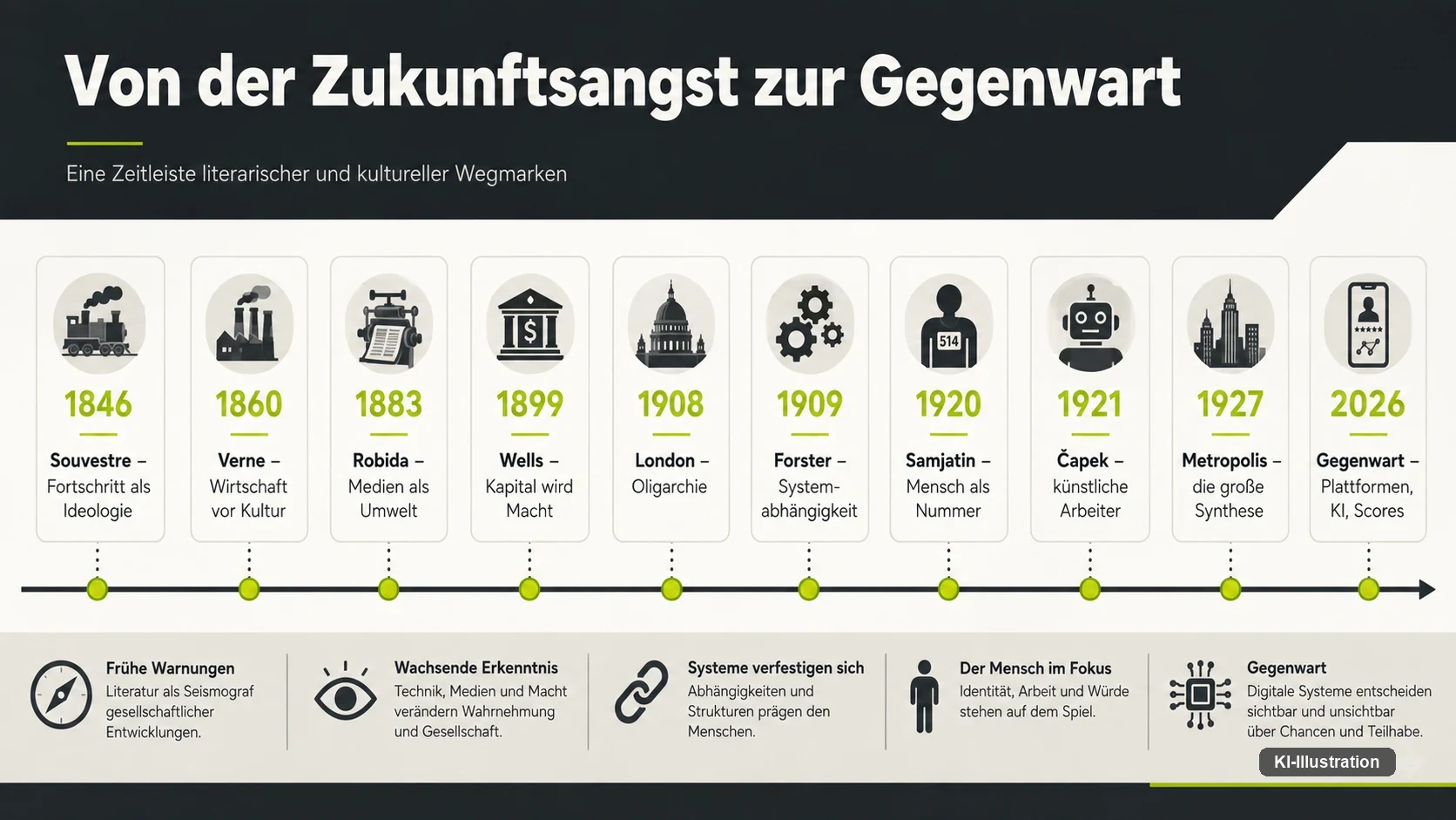Zeitleiste mit zehn Stationen von 1846 bis 2026, jede mit Jahreszahl, Autorname und Kernmotiv — von Souvestre über Verne, Robida, Wells, London, Forster, Samjatin und Čapek bis Metropolis und zur Gegenwart. Die Grafik ordnet die besprochenen Werke chronologisch ein; sie ist eine Auswahl und erhebt keinen Anspruch auf Vollständigkeit.