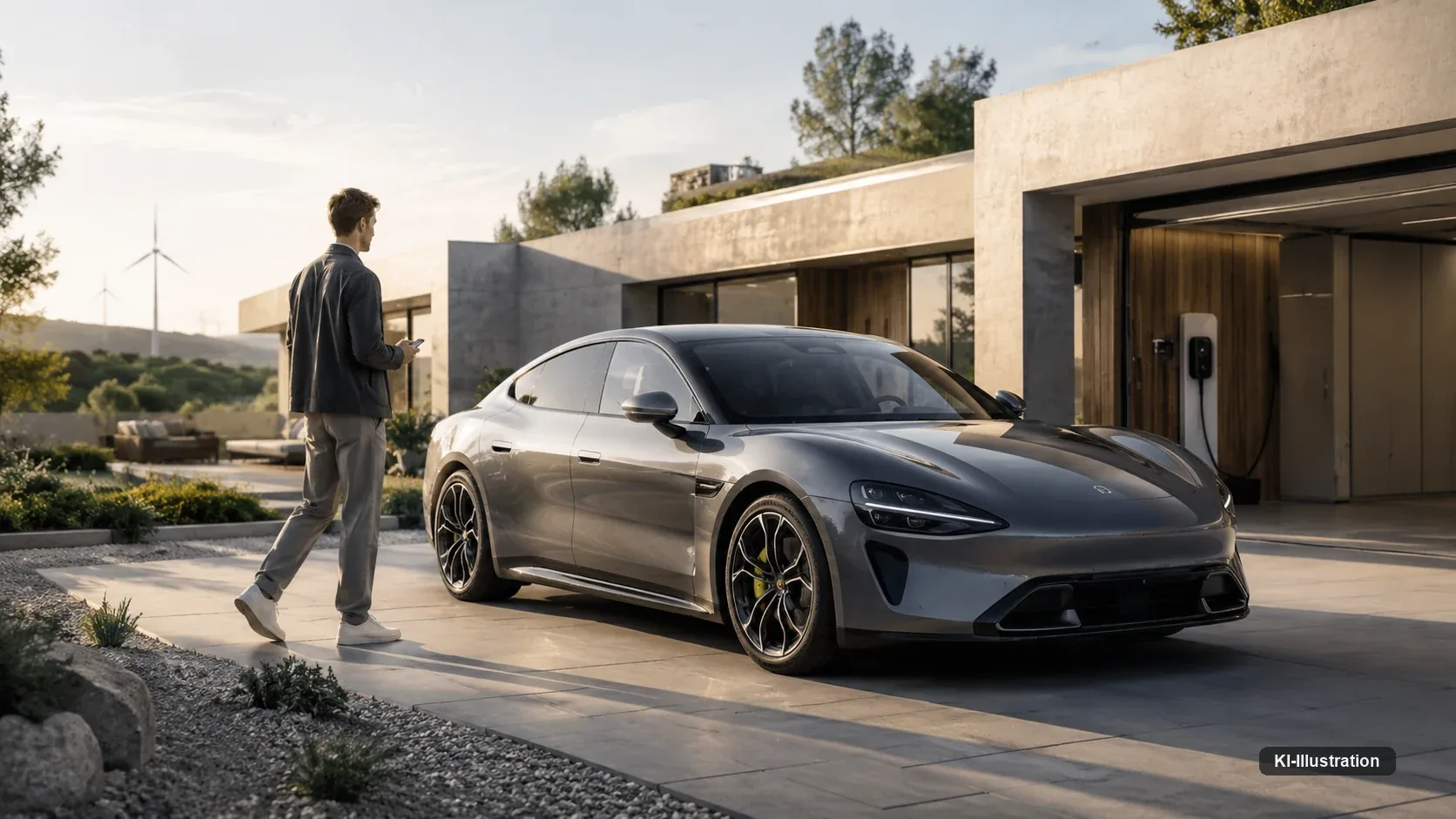 Graue Elektrolimousine in der Einfahrt eines modernen Hauses; eine Person mit Smartphone geht darauf zu, an der Garagenwand hängt eine Ladestation.