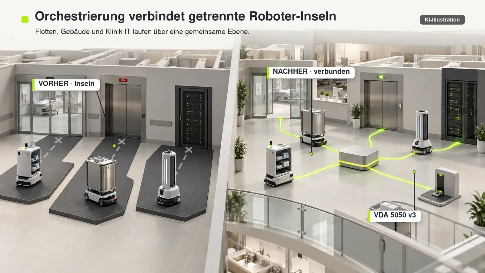 Links getrennte Roboterflotten, rechts zentral orchestrierte Roboter mit Türen, Aufzügen, Ladepunkt und Klinik-IT.
