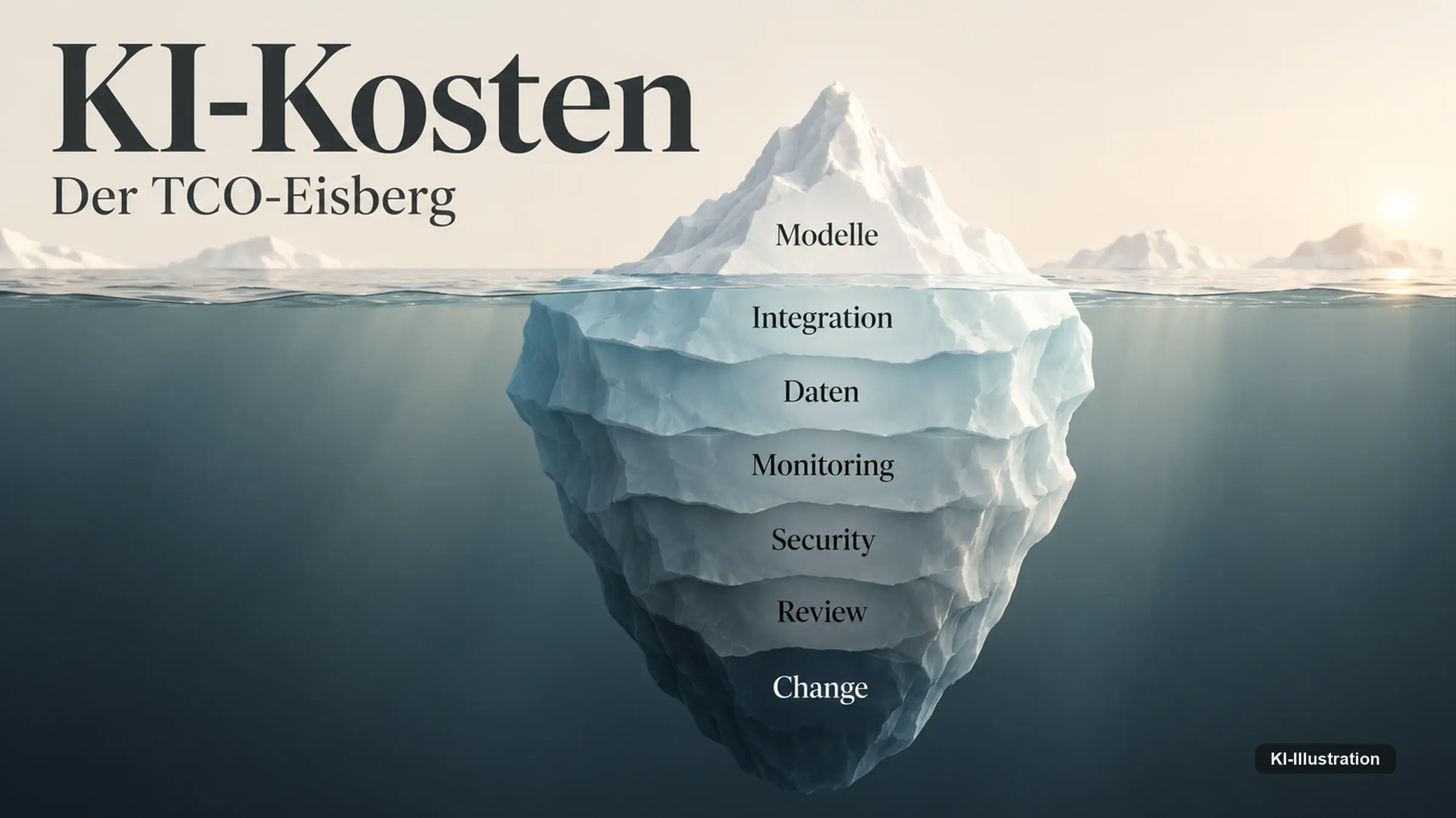 Grafik mit fünf Kostentreibern: Kontext, Wiederholversuche, Werkzeugaufrufe, Zusammenspiel mehrerer Agenten und menschliche Prüfung