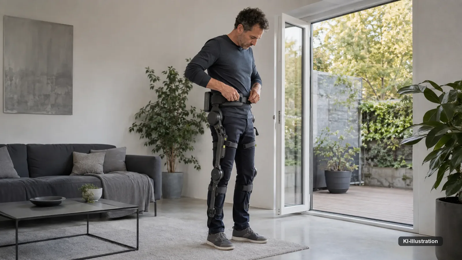 Person testet ein angelegtes Bein-Exoskelett vorsichtig in einem Wohnraum.