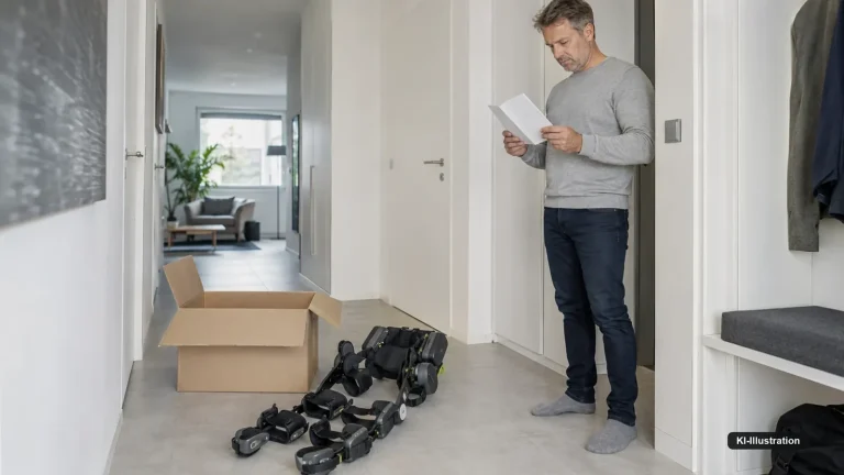Geöffneter Versandkarton in einem Wohnungsflur, daneben ein Bein-Exoskelett und eine Person mit einem Handbuch.