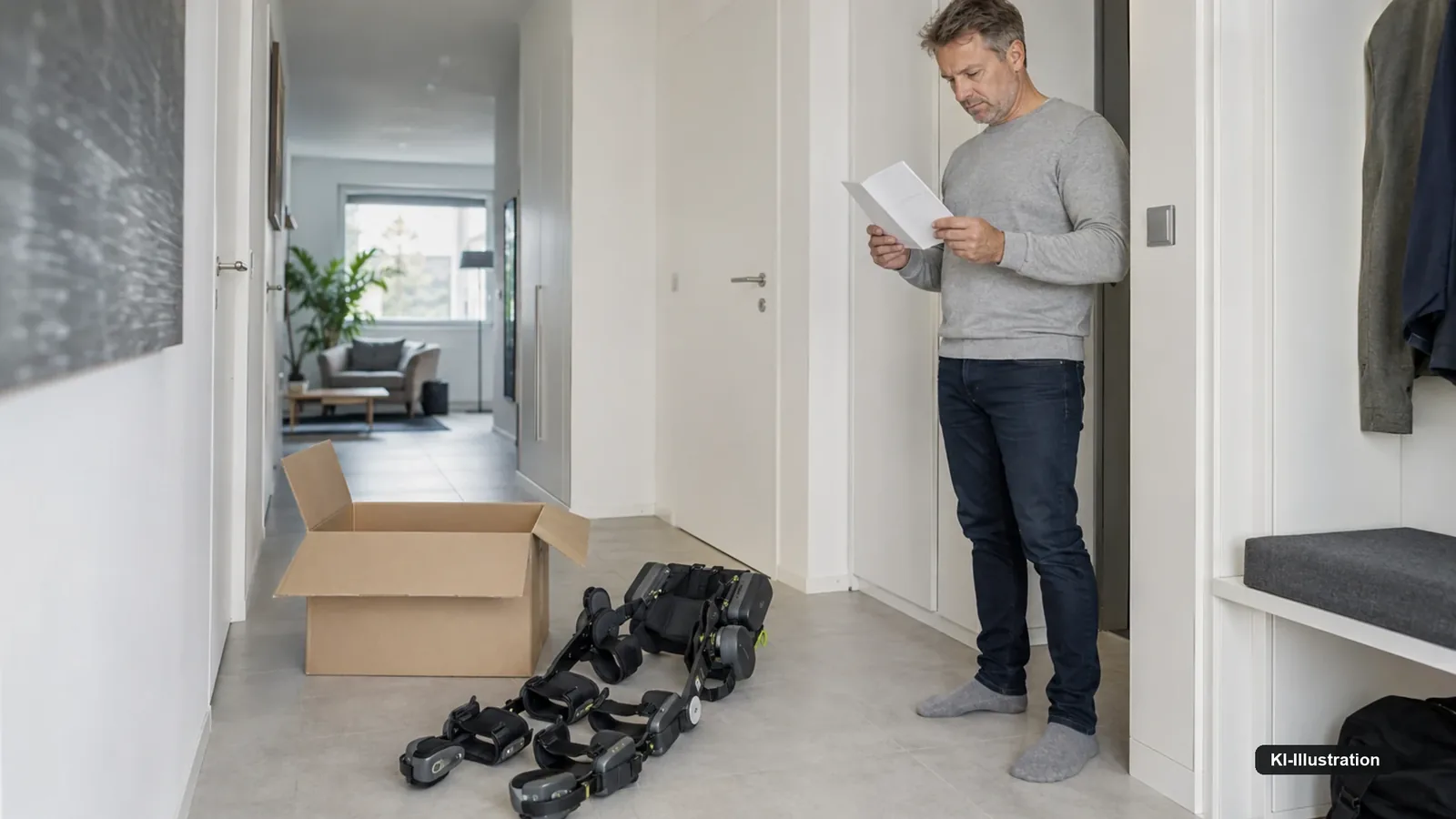 Geöffneter Versandkarton in einem Wohnungsflur, daneben ein Bein-Exoskelett und eine Person mit einem Handbuch.