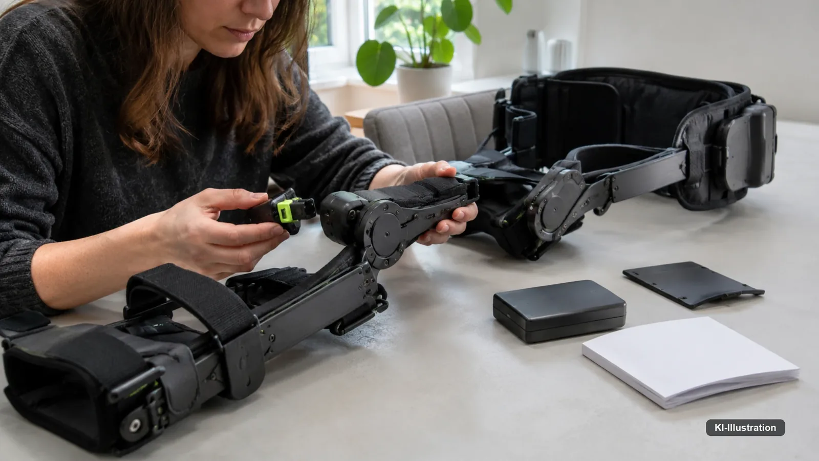 Unterlagen und ein Exoskelett auf einem Tisch, eine Person liest darin.