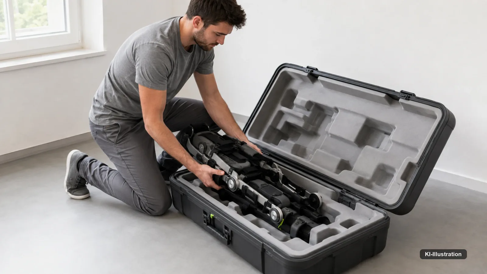Ein Bein-Exoskelett wird in einen Transportkoffer gelegt.