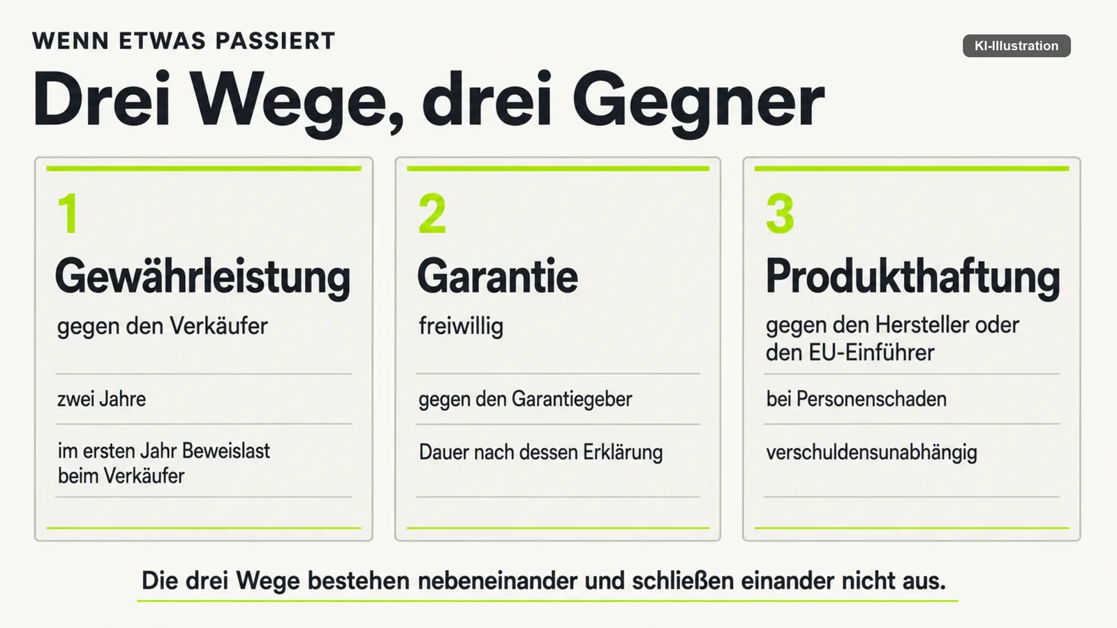 Drei nebeneinanderstehende Spalten mit den Bezeichnungen Gewährleistung, Garantie und Produkthaftung.