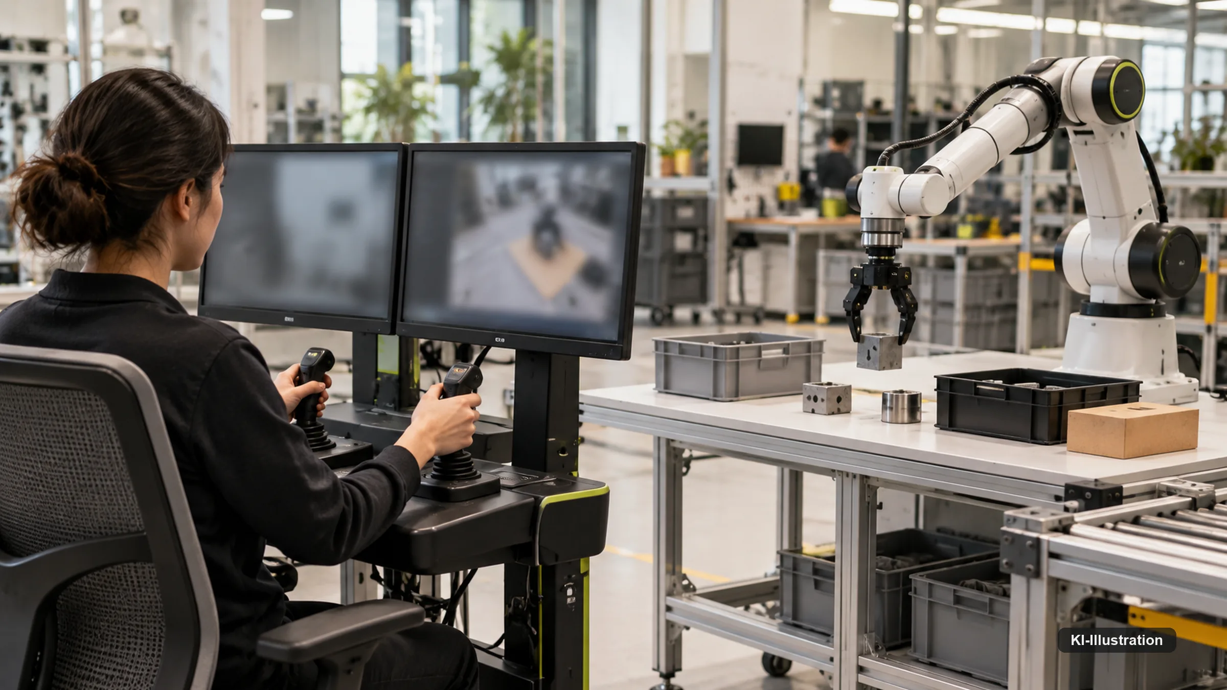 Teleoperator steuert einen Roboter bei einer realen Manipulationsaufgabe.