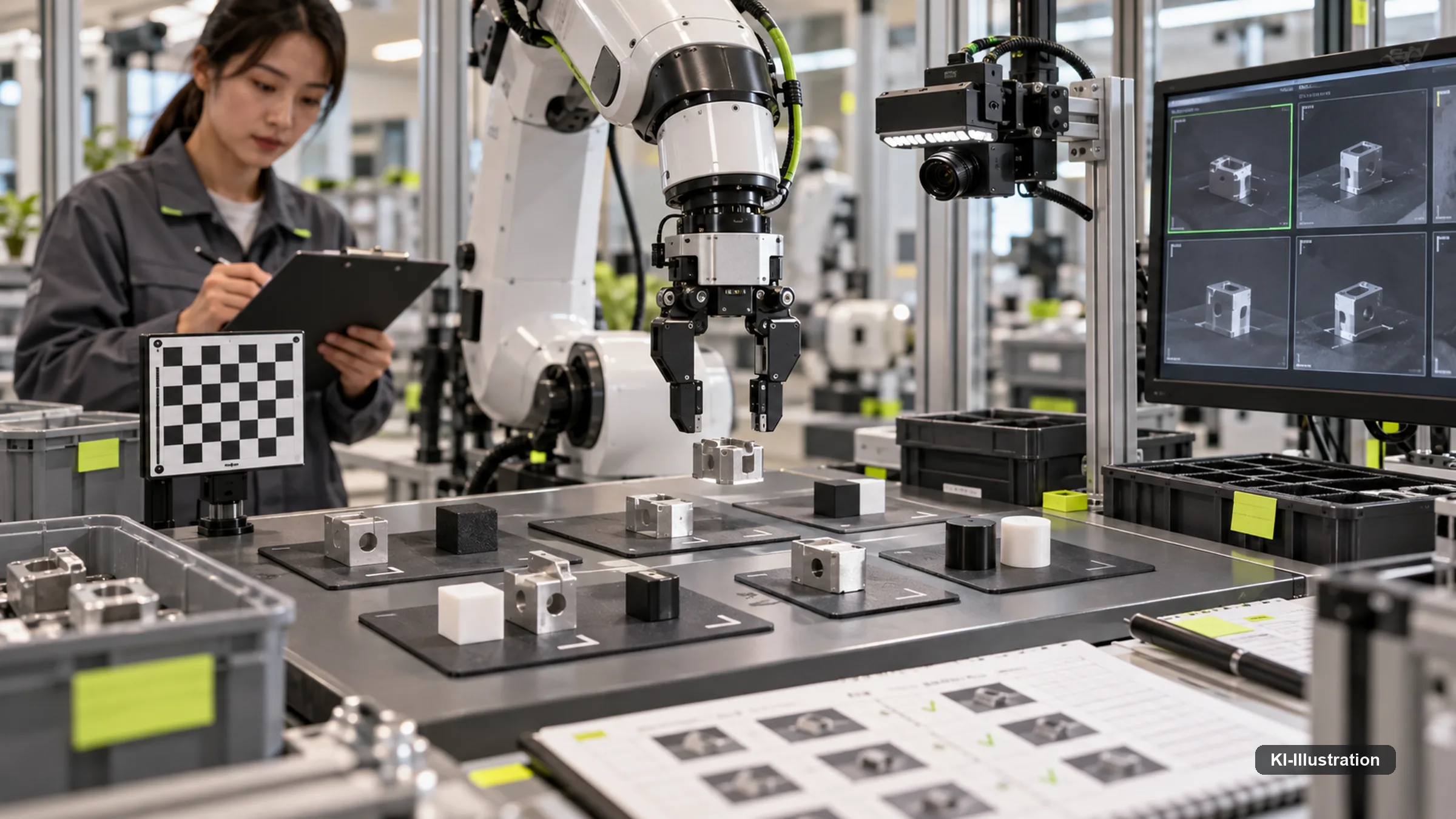 Robotik-Testzelle mit variierten Aufgaben und menschlicher Qualitätskontrolle.