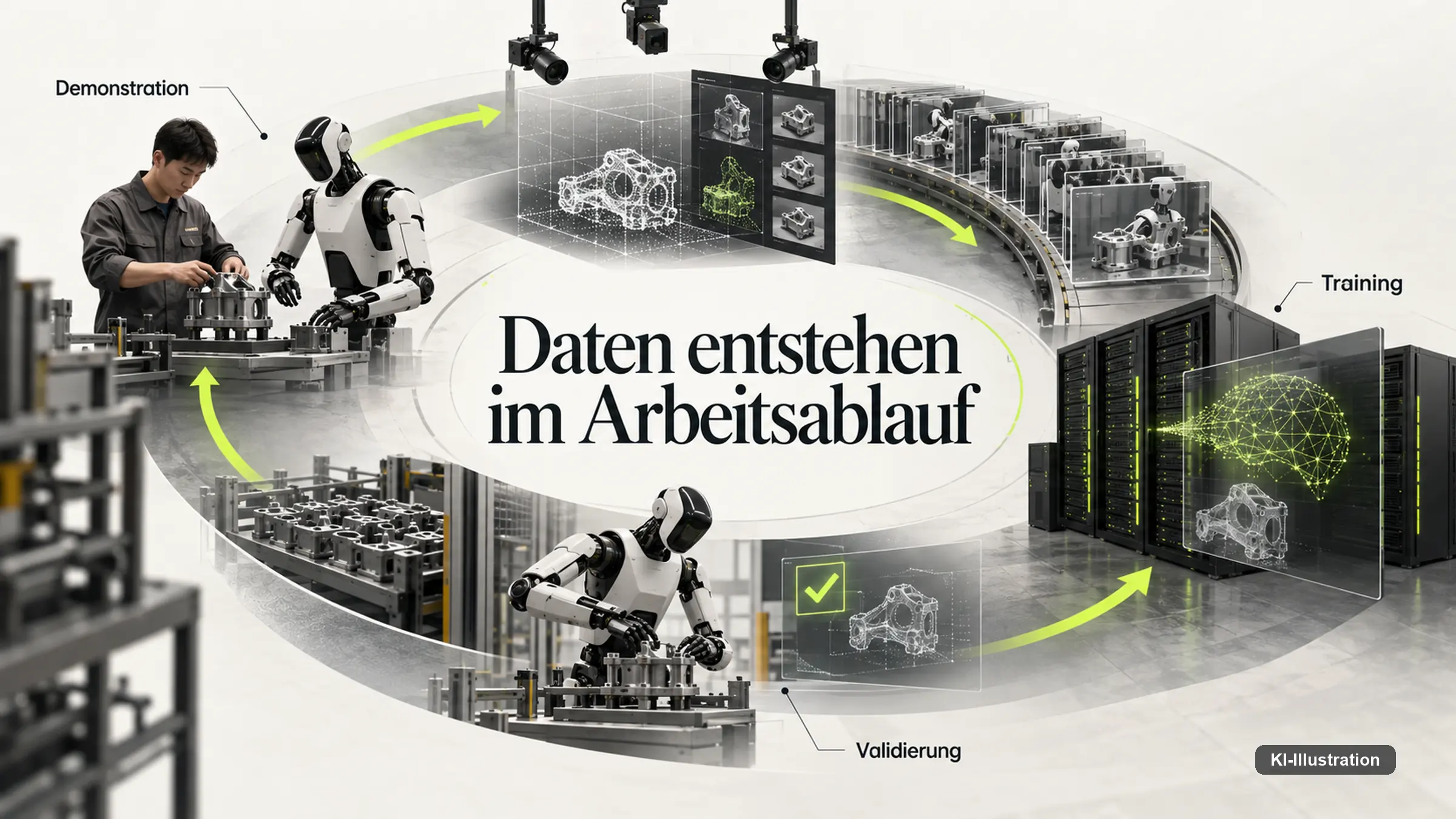 Lernkreislauf von realer Demonstration über Training bis zur Validierung.