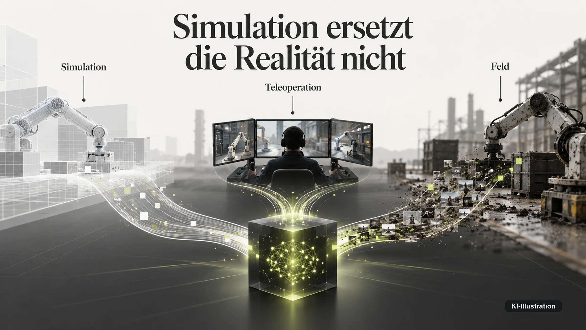 Drei Datenquellen für Physical AI: Simulation, Teleoperation und Felddaten.