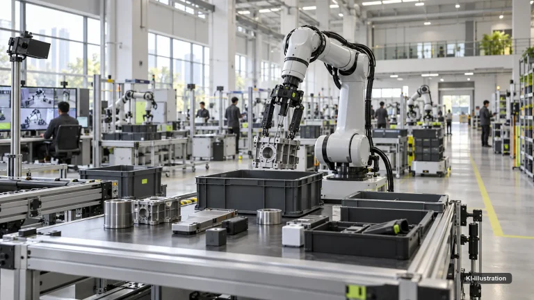 Industrielle Robotik-Trainingshalle mit mehreren Arbeitsstationen zur Datenerfassung.
