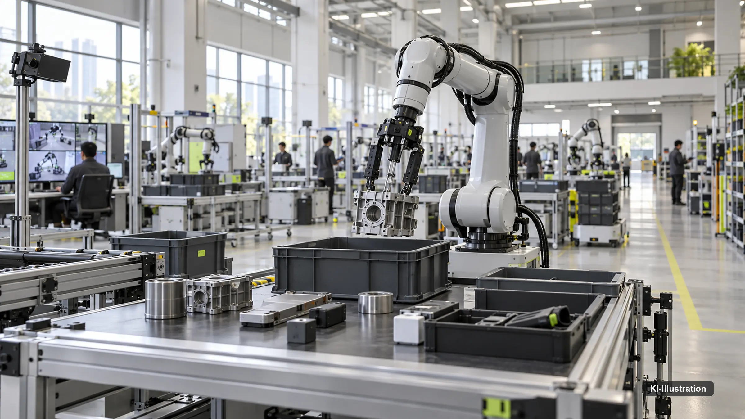 Industrielle Robotik-Trainingshalle mit mehreren Arbeitsstationen zur Datenerfassung.