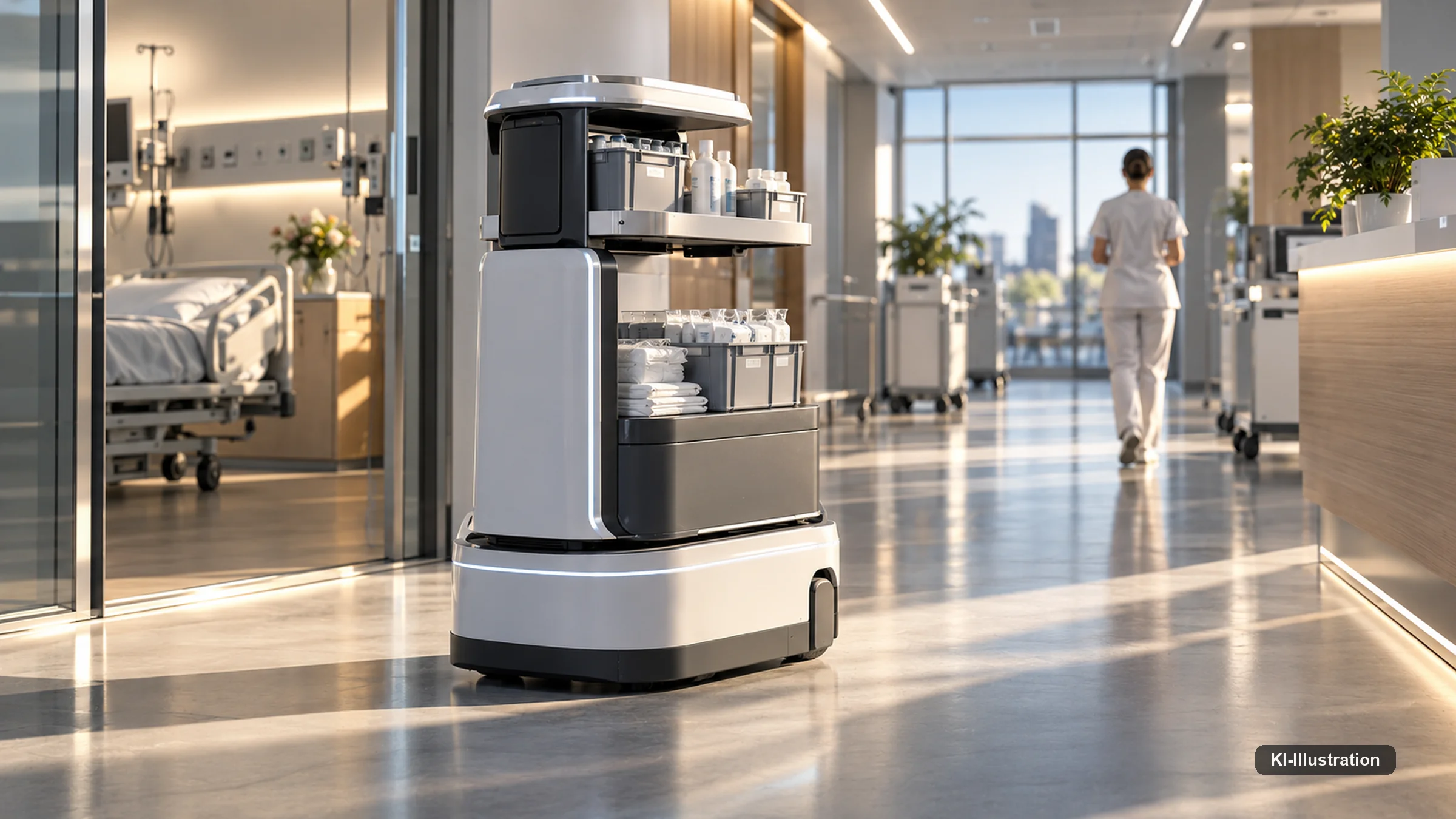 Mobiler Roboter an einer Aufzugs- und Türschnittstelle.