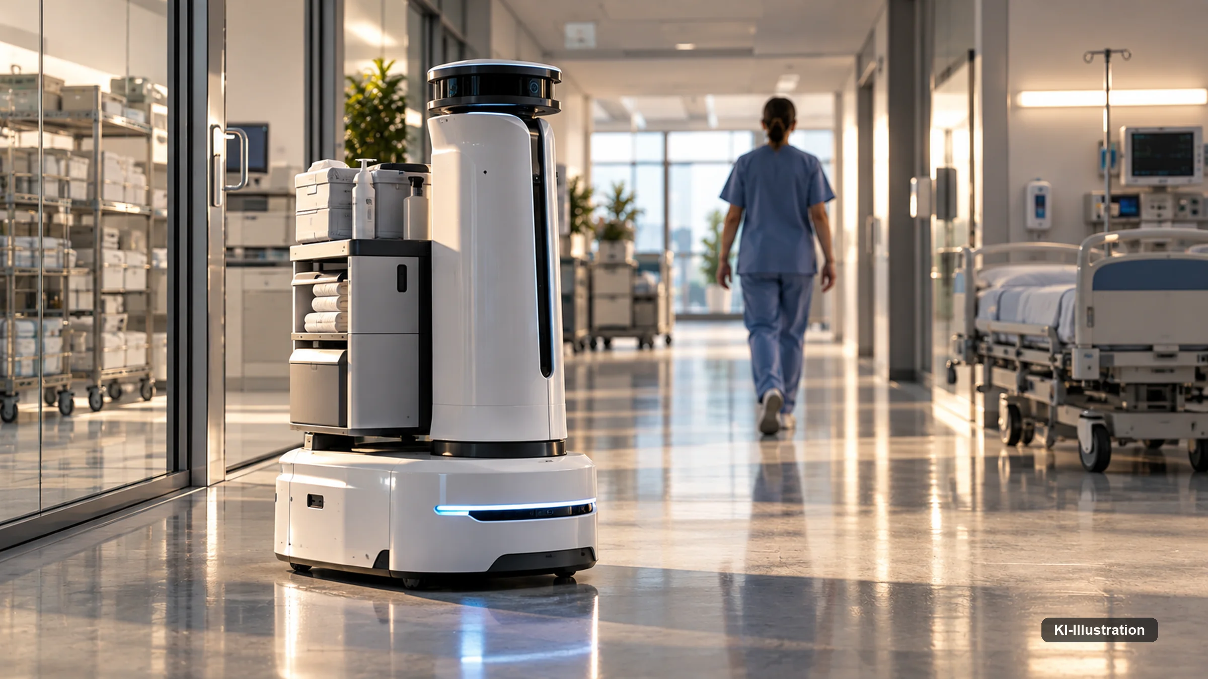 Lade- und Servicebereich für mobile Roboter in einem Gebäude.