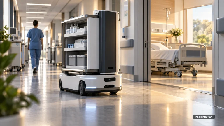 Mobiler Roboter in einem Gebäude mit Tür-, Aufzug- und Serviceinfrastruktur.