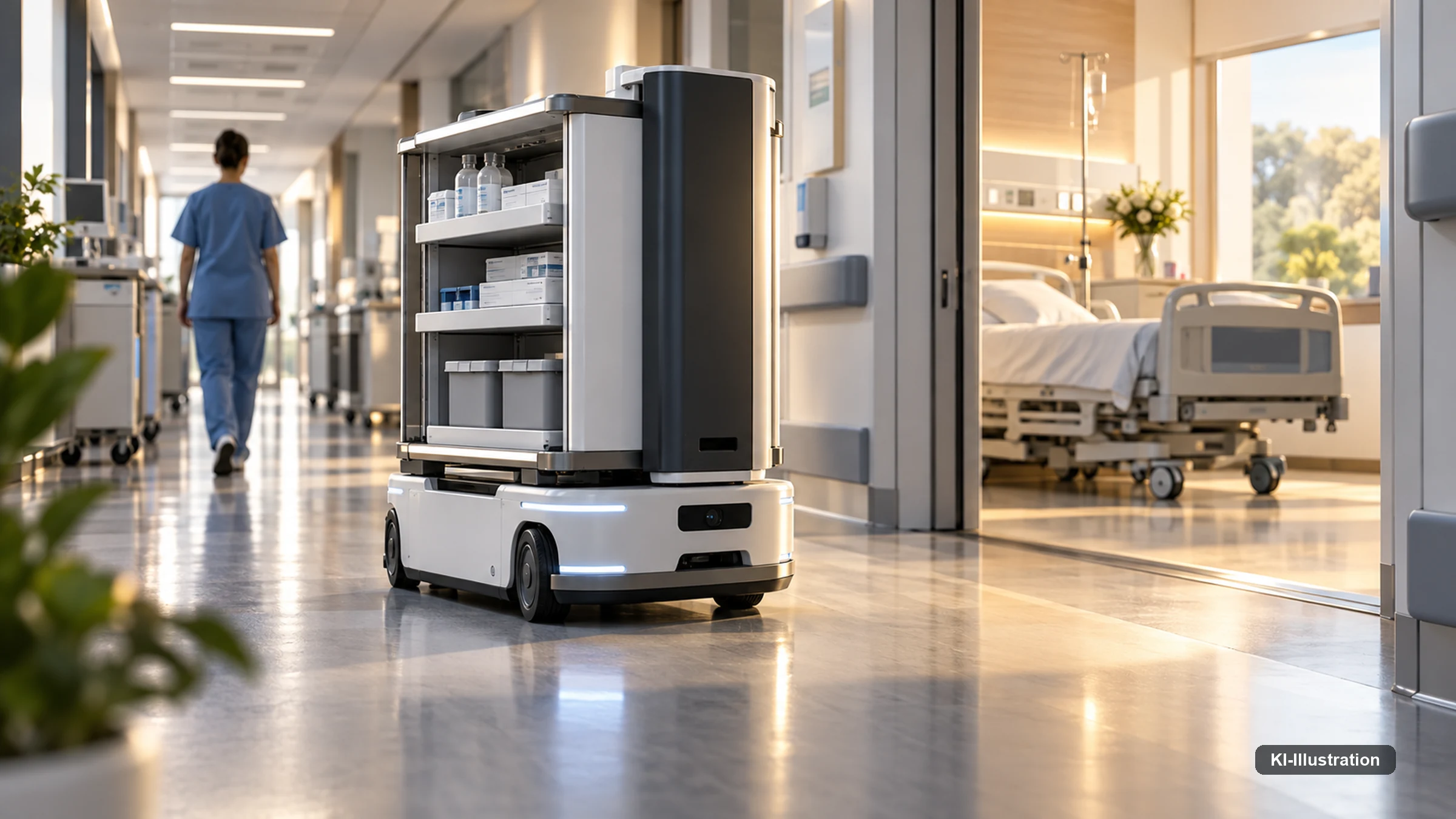 Mobiler Roboter in einem Gebäude mit Tür-, Aufzug- und Serviceinfrastruktur.