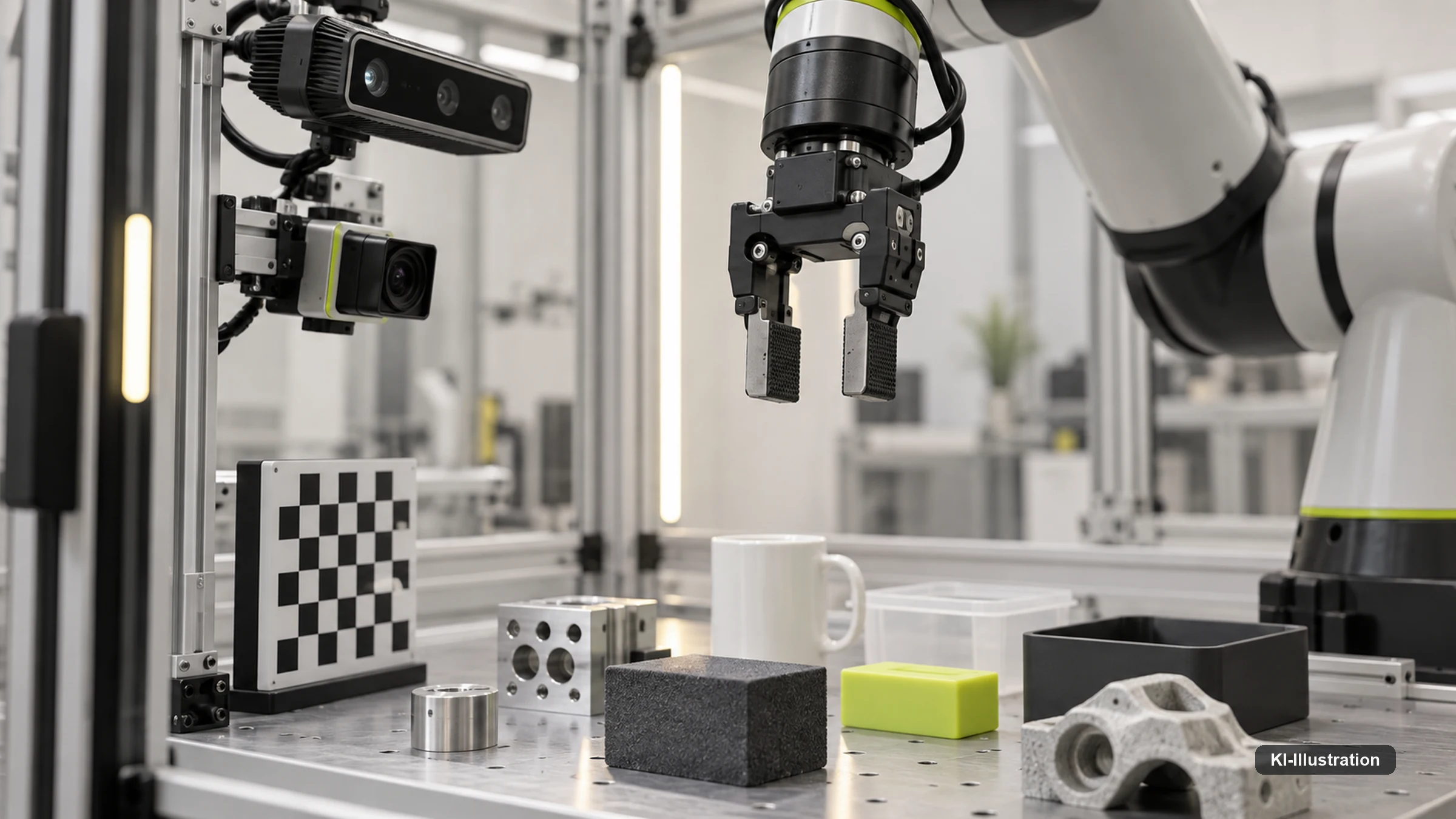 Sensorisch instrumentierte Robotik-Testzelle vor einem Greifvorgang.