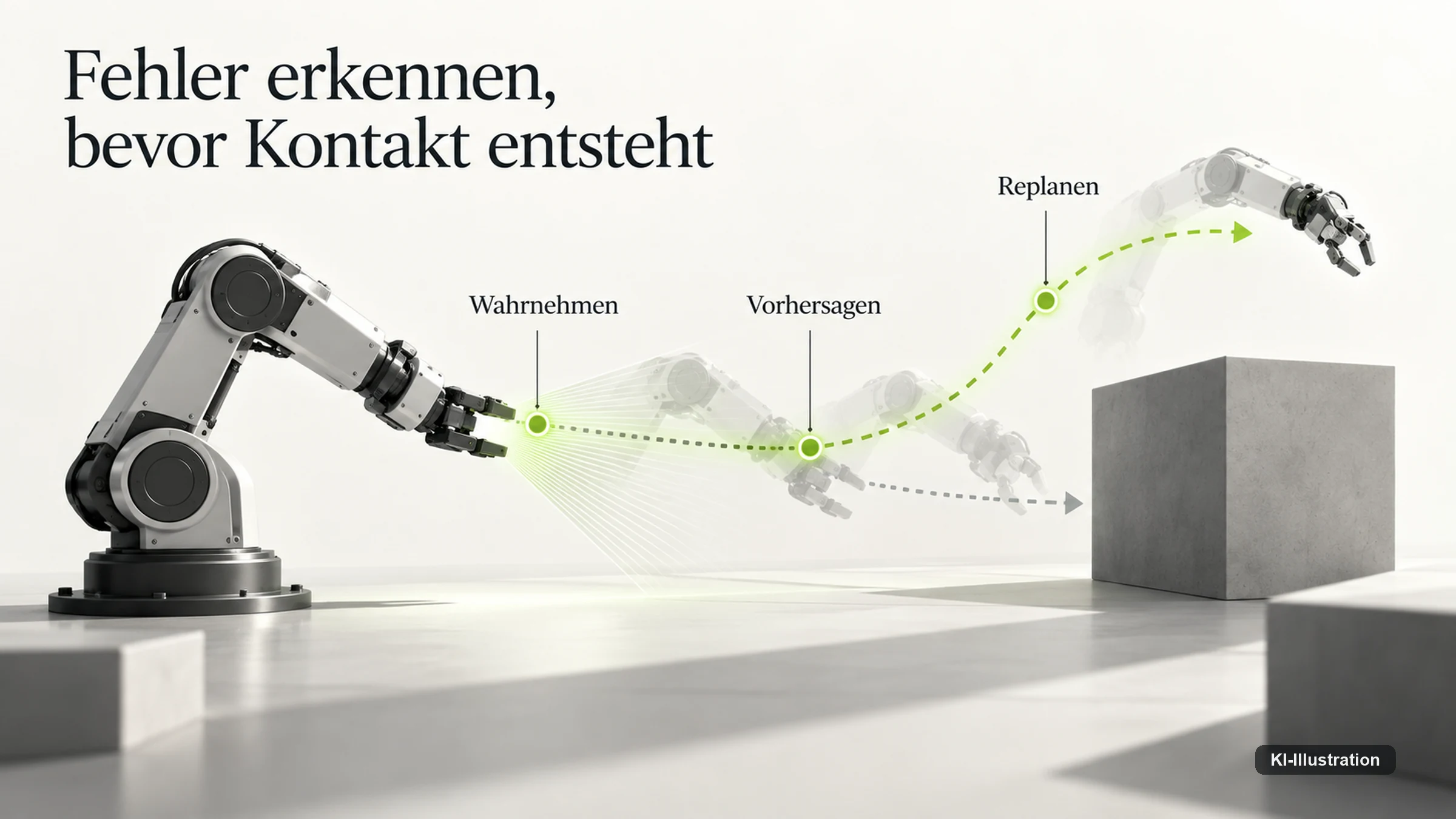 Bewegungsbahn mit Vorhersage und Neuplanung vor dem Kontakt.