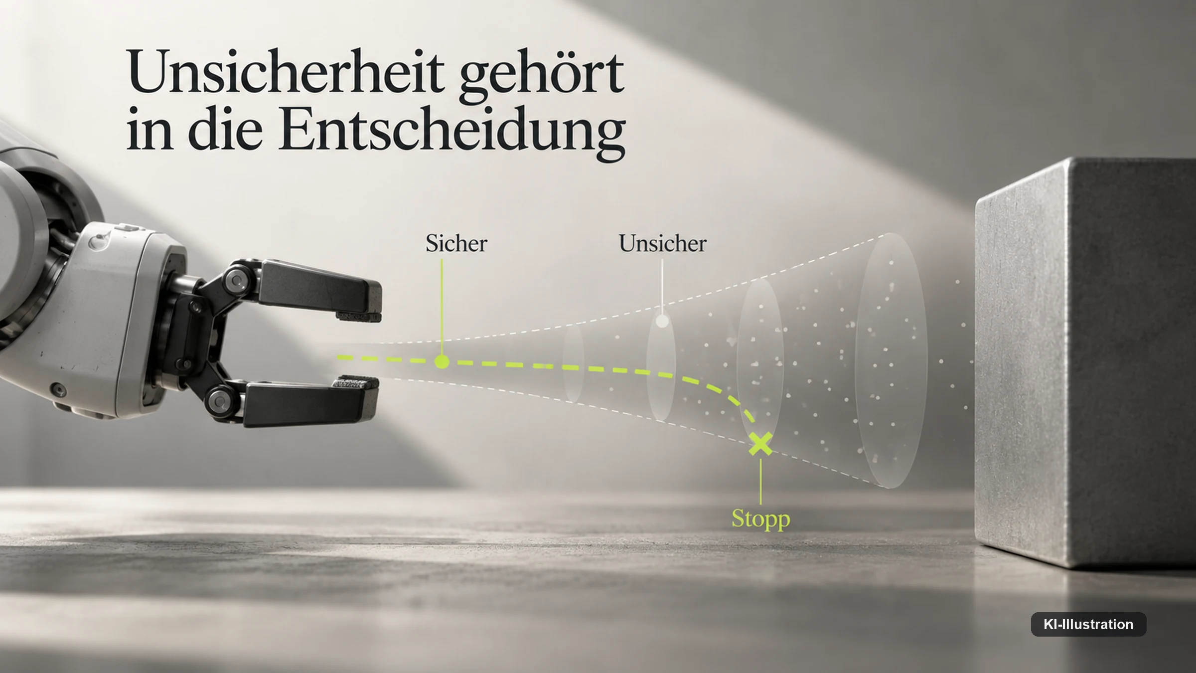 Vorhersagekorridor mit zunehmender Unsicherheit vor einem Robotergreifer.