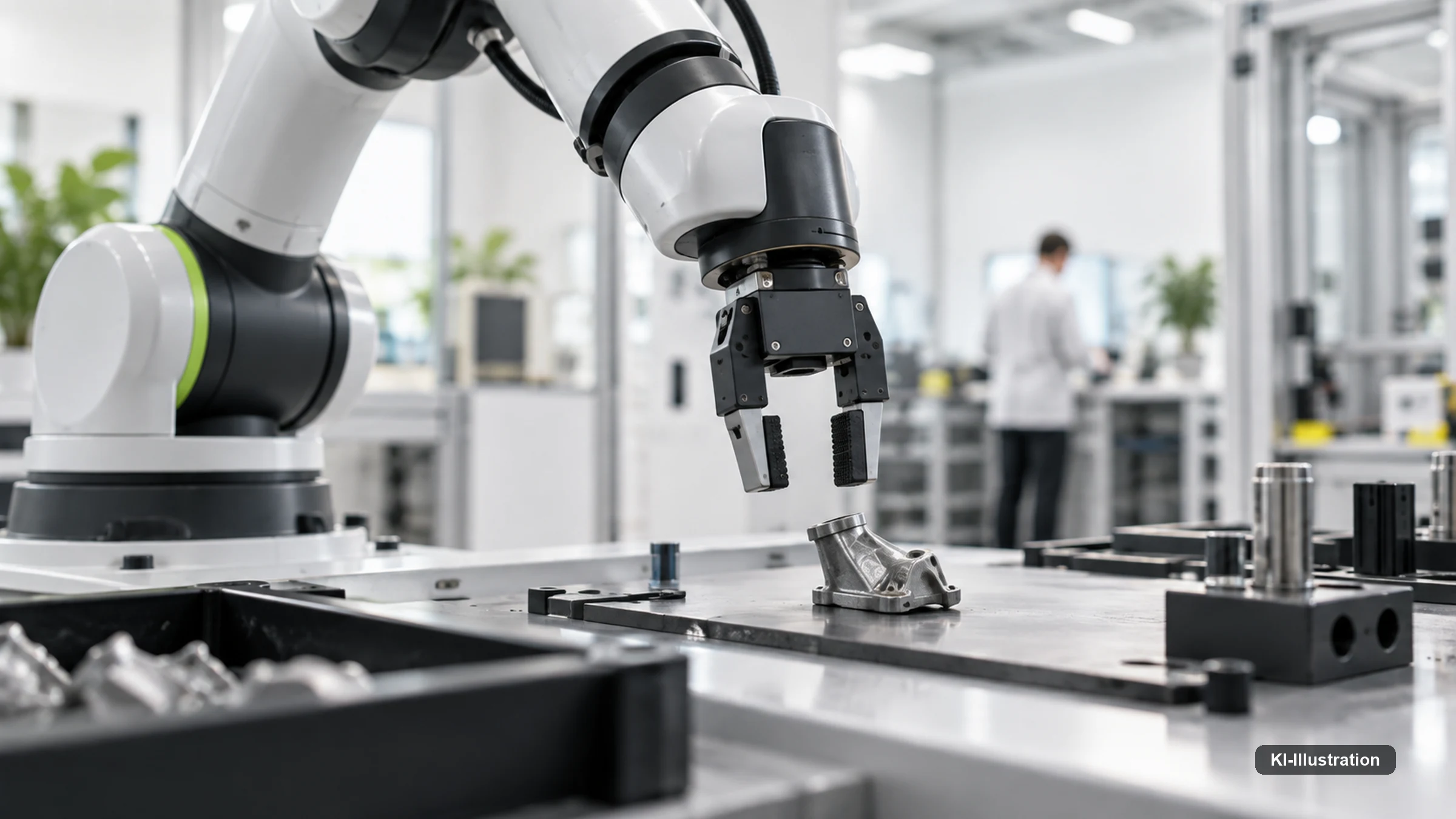Roboterarm kurz vor dem Kontakt mit einem schwierig liegenden Objekt.