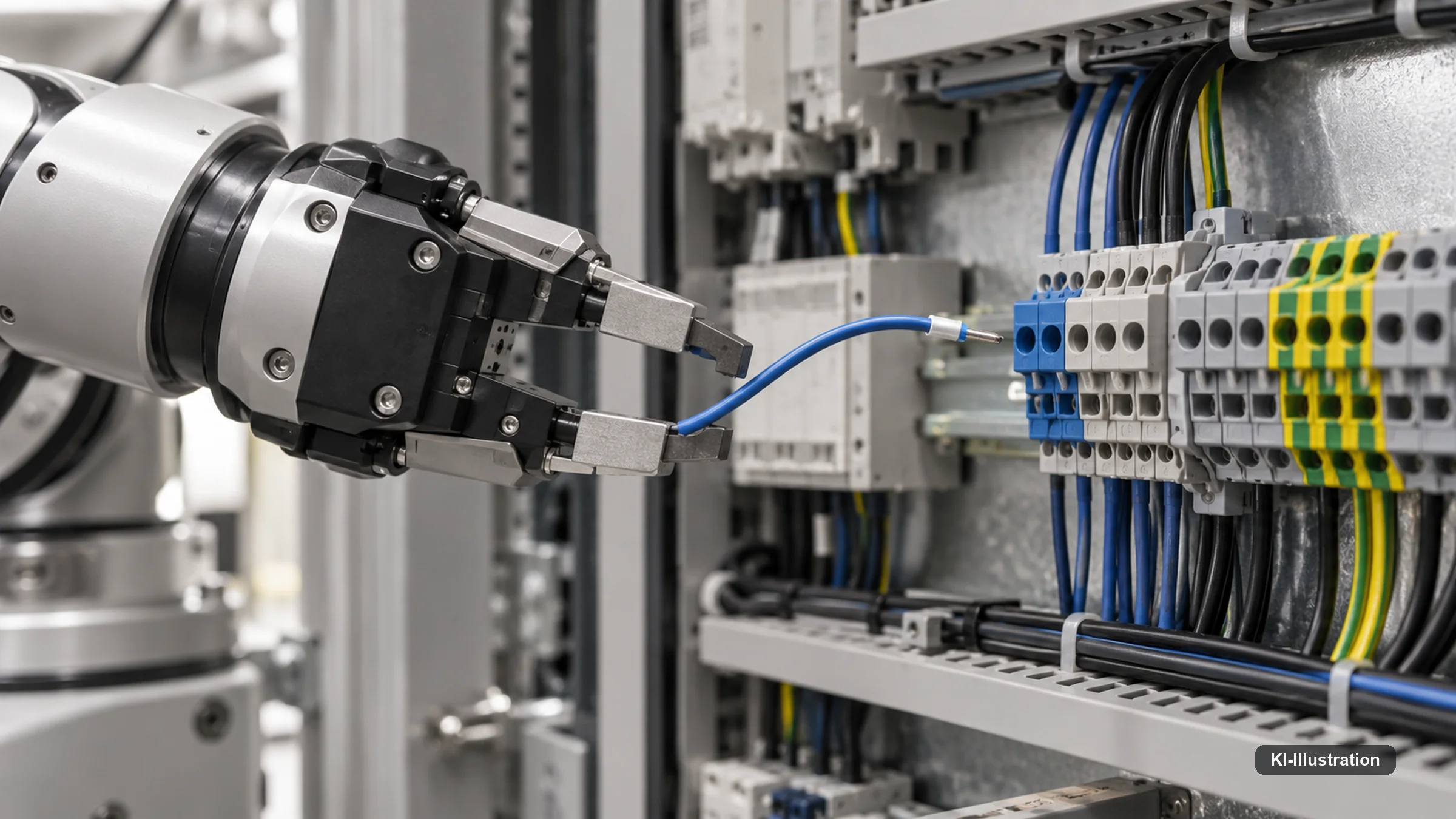 Robotergreifer positioniert eine flexible Leitung an einer Klemme.