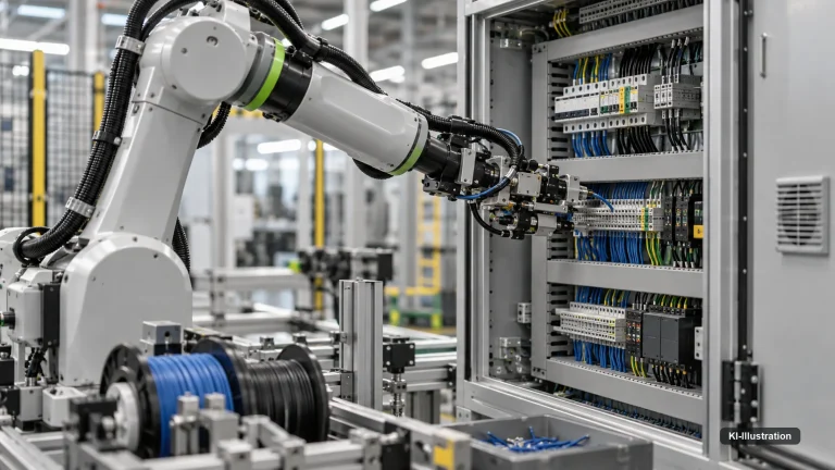 Roboterarm beim Verdrahten eines geöffneten Schaltschranks.
