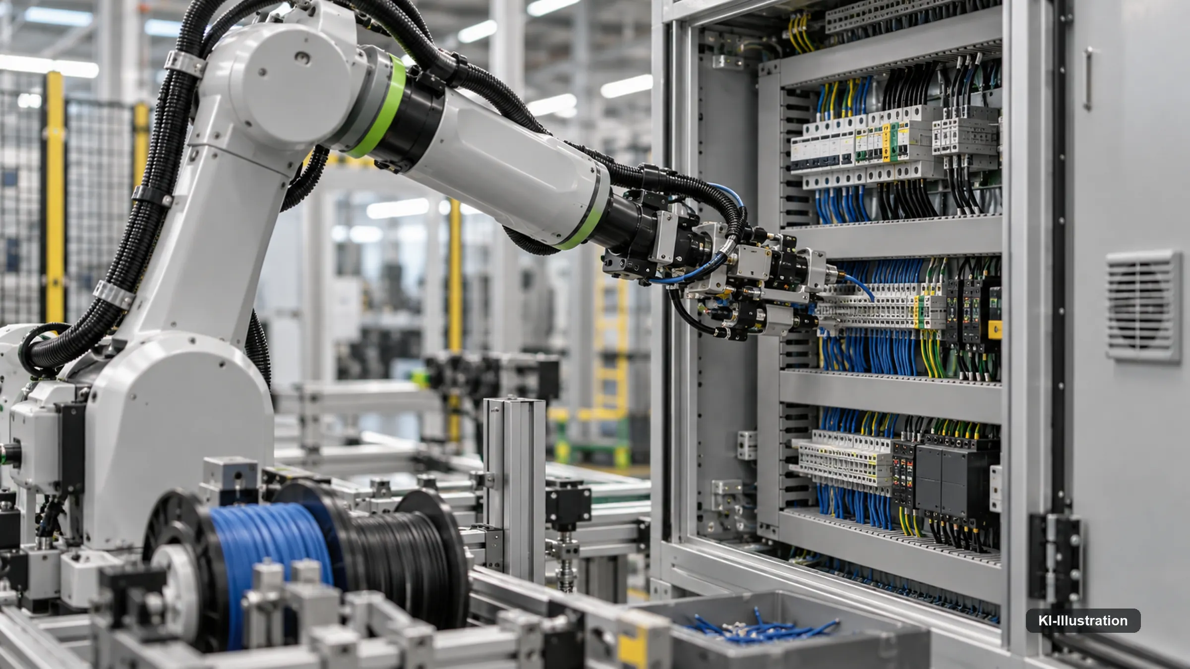 Roboterarm beim Verdrahten eines geöffneten Schaltschranks.