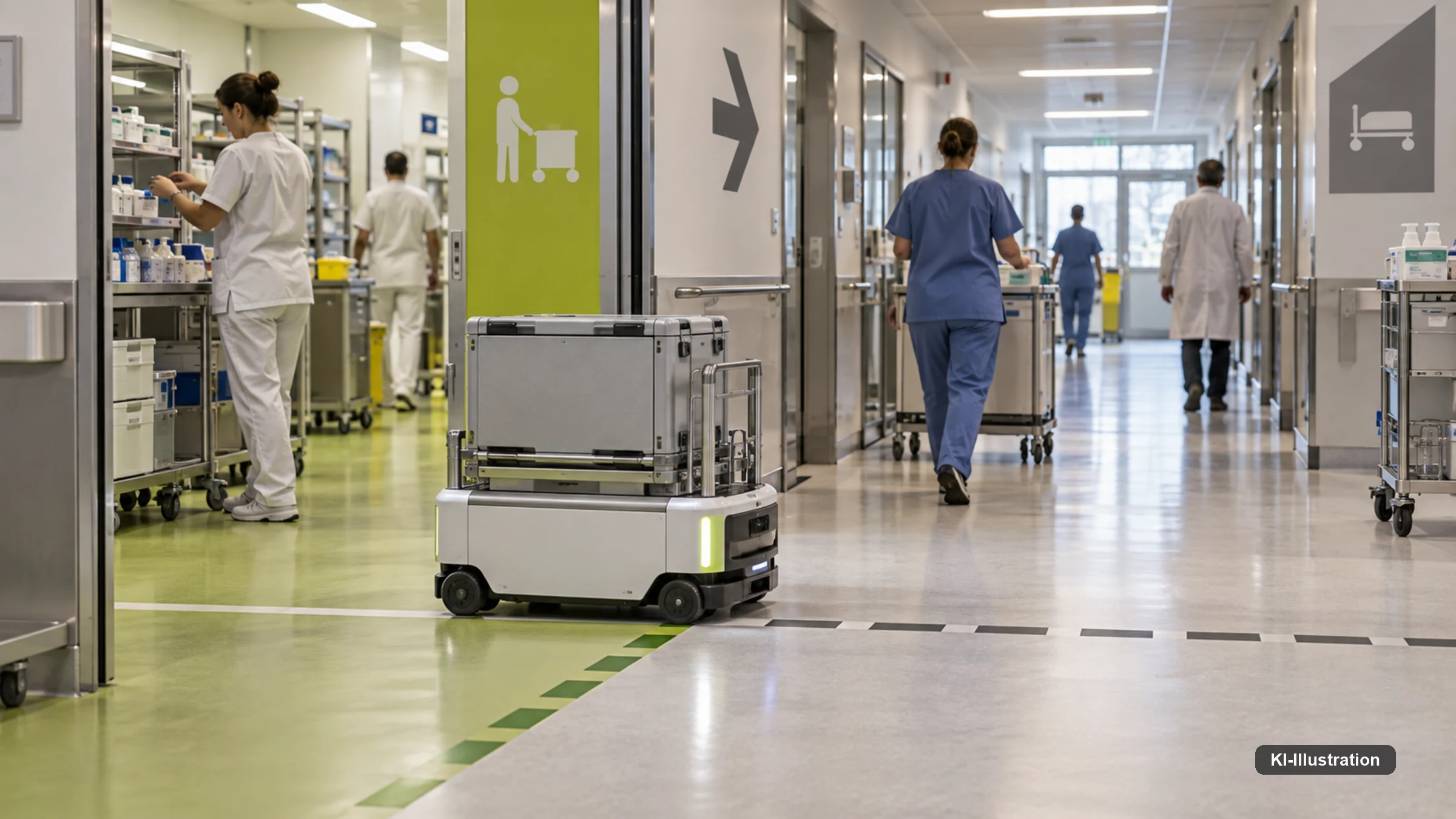 Mobiler Lieferroboter in einem Krankenhausflur zwischen Pflegepersonal.
