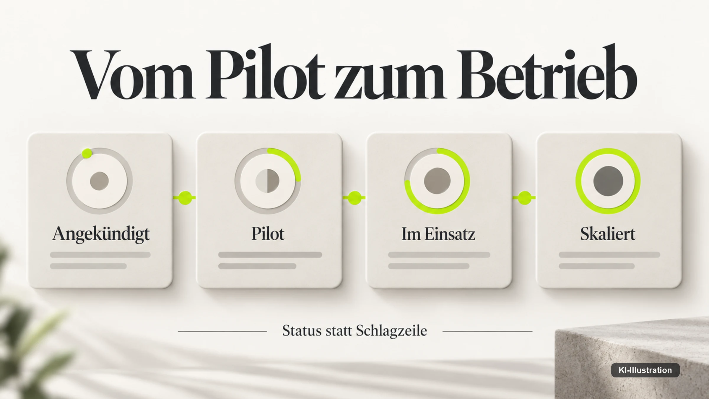 Vierstufiges Statusmodell: Angekündigt, Pilot, Im Einsatz, Skaliert.