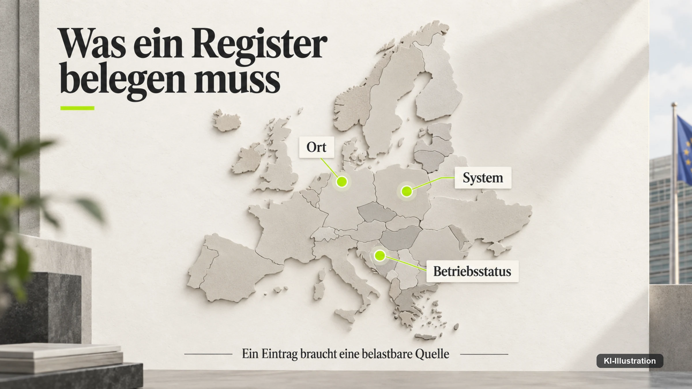 Drei Belegkategorien eines Registereintrags: Ort, System, Betriebsstatus.