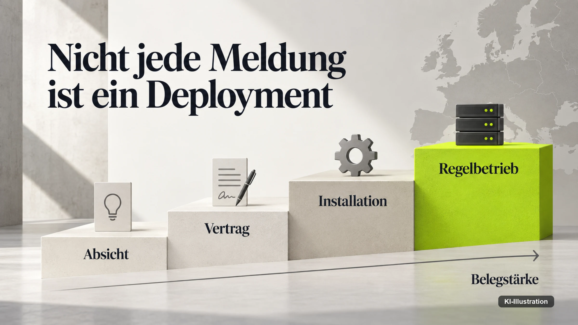 Vierstufiger Trichter von Absicht über Vertrag und Installation bis Regelbetrieb, mit sinkender Belegstärke.