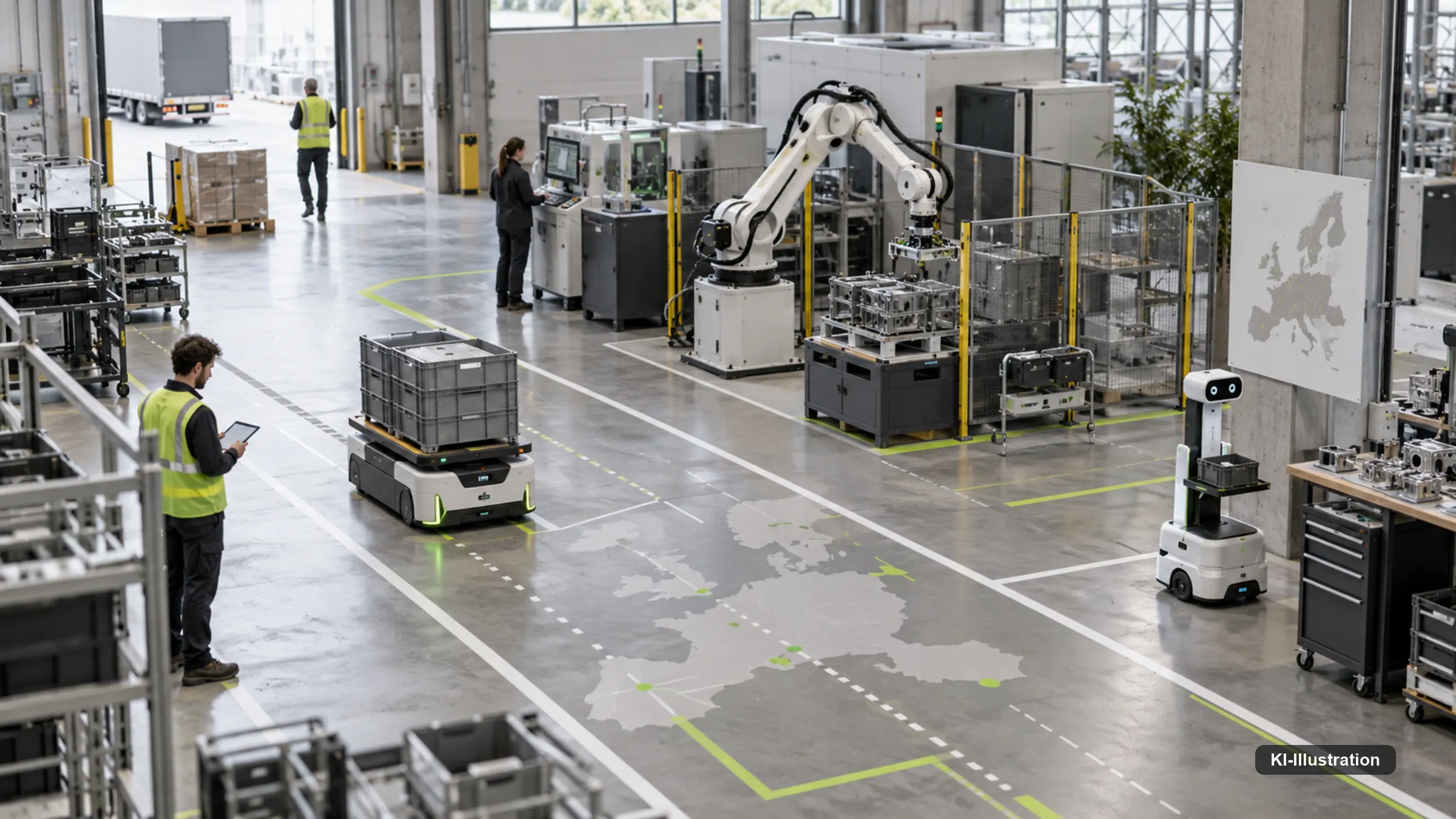 Lagerhalle mit mobilen Robotern und Roboterarm, auf dem Boden projizierte Europakarte mit Einsatzpunkten.