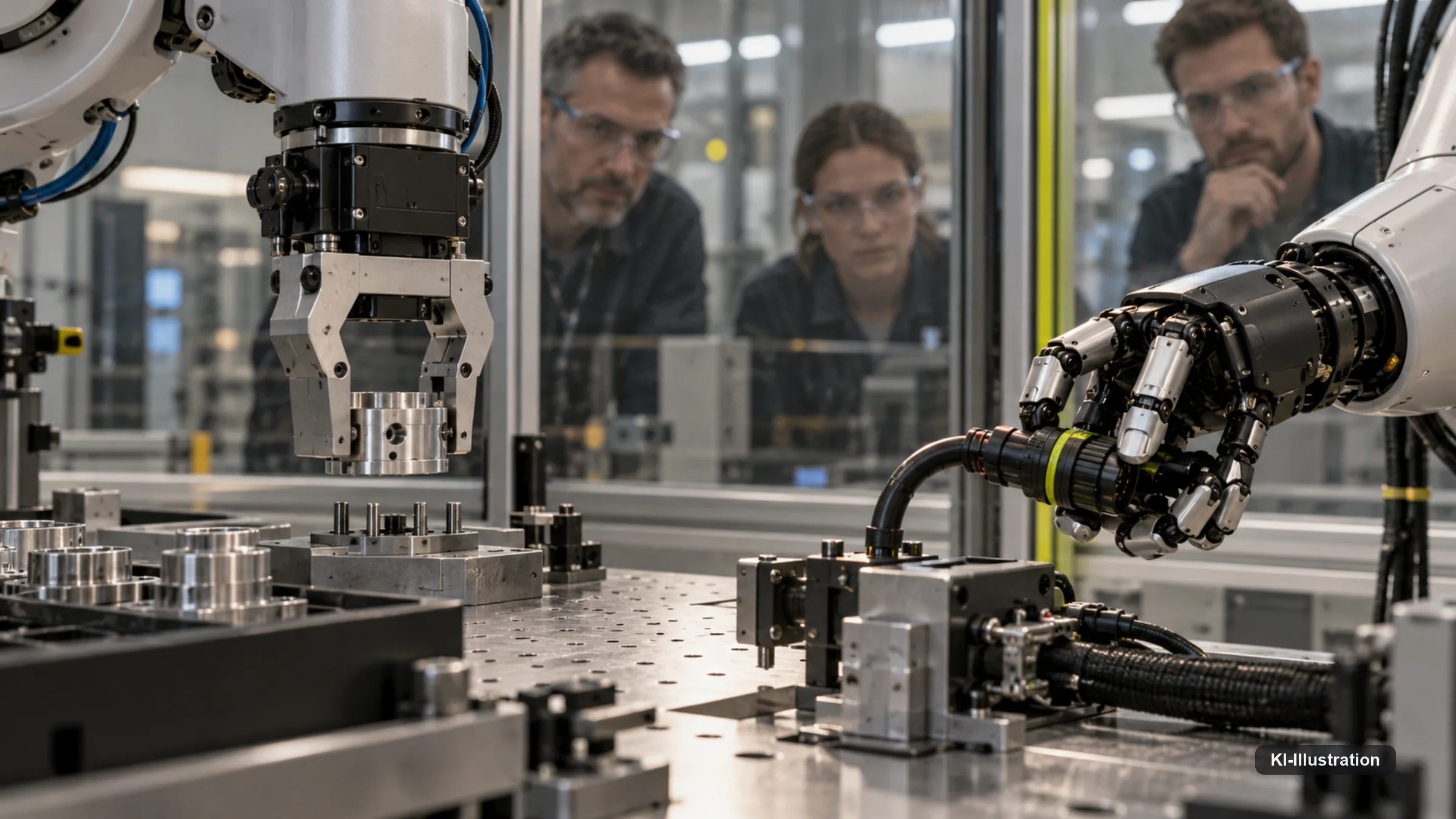 Fingerspitze einer Roboterhand berührt ein Tuch neben einer Ampulle.