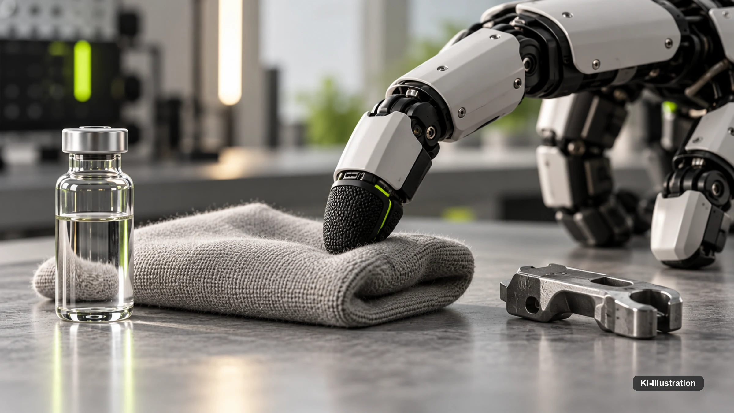Roboterhand übergibt ein Werkstück, während Fachpersonal durch eine Glasscheibe zusieht.