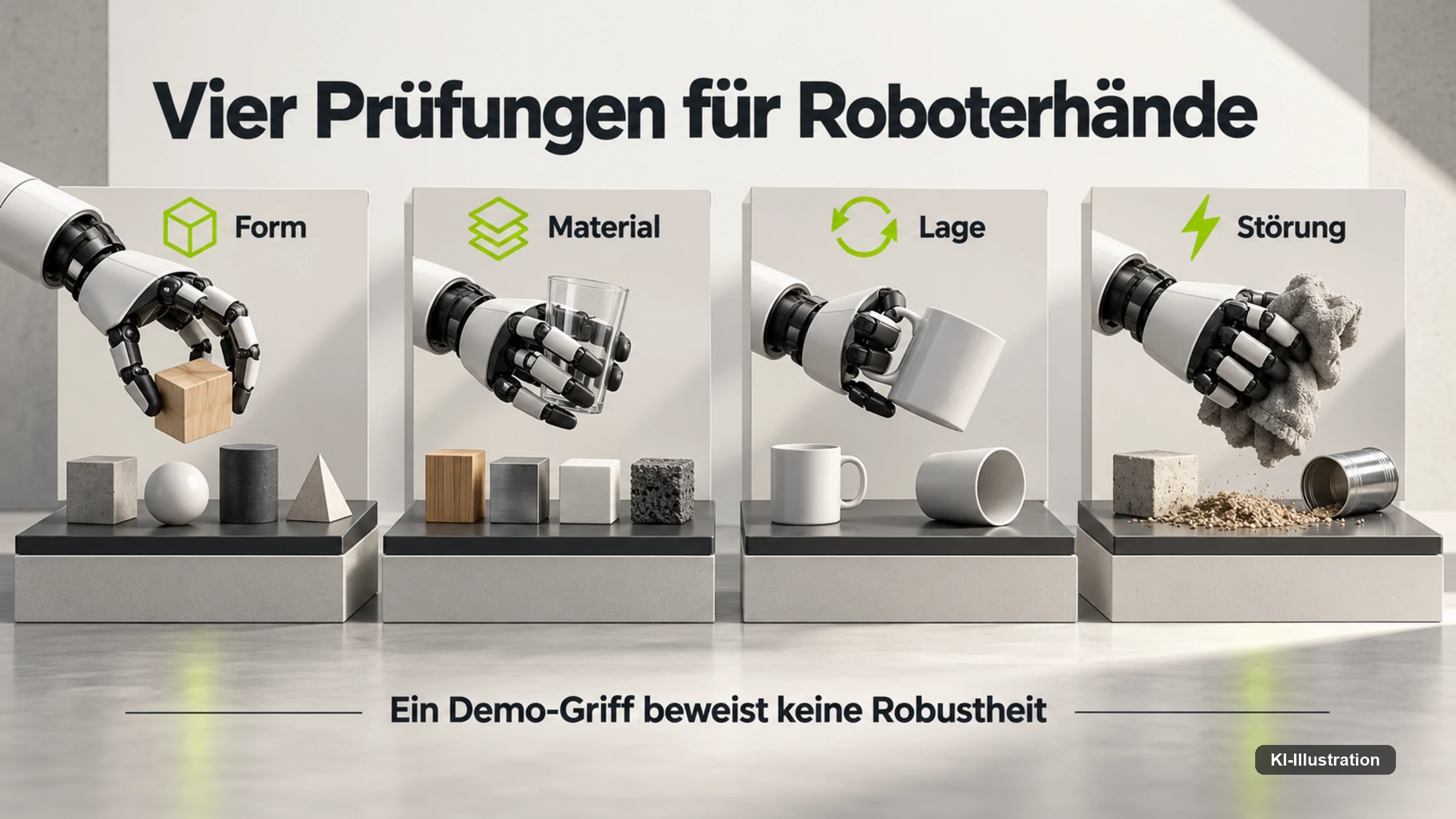 Vier Prüfkategorien für Roboterhände: Form, Material, Lage, Störung.