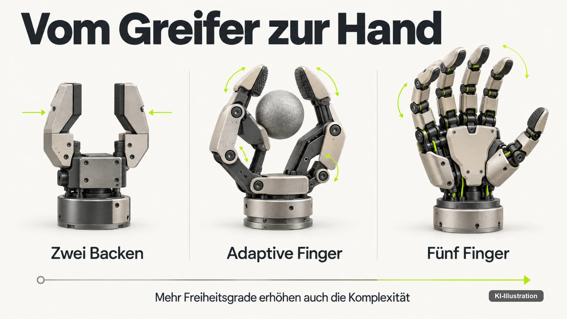 Entwicklung vom Zweibacken-Greifer über adaptive Finger bis zur Fünffingerhand.
