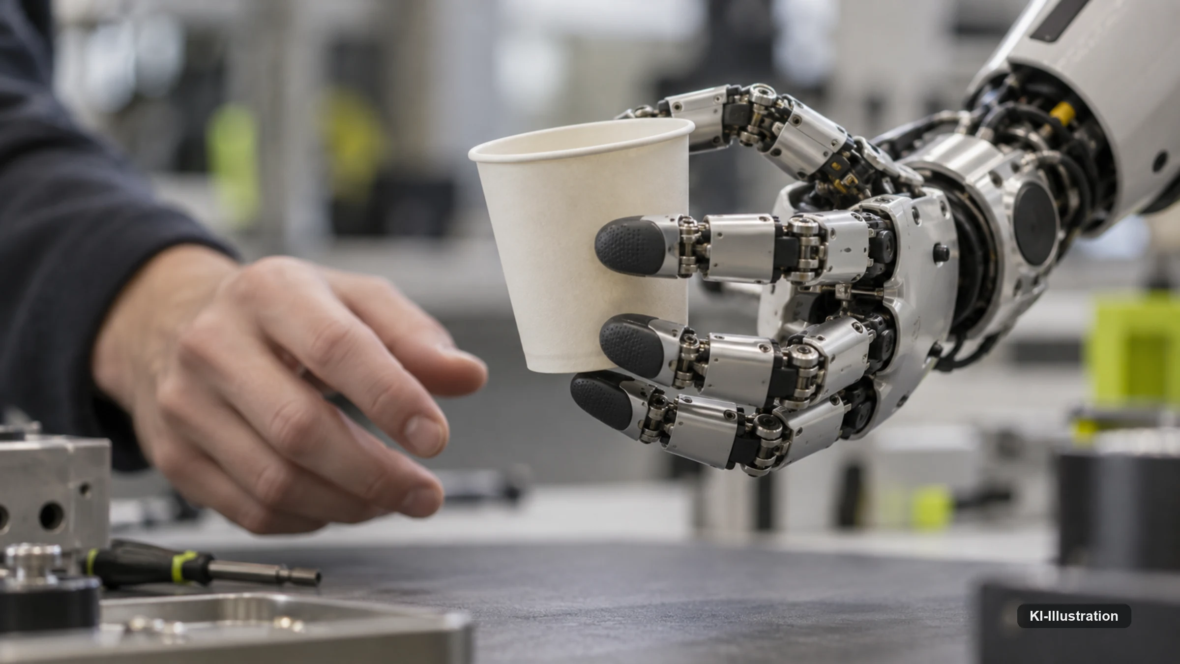 Fünffingrige Roboterhand reicht einem Menschen behutsam einen Pappbecher.